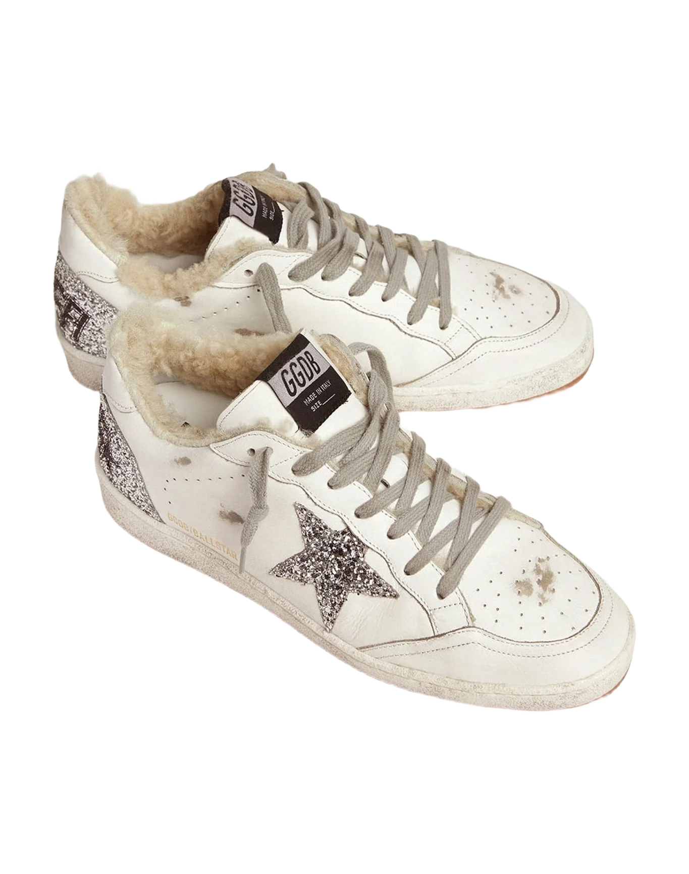 Women | Ball Star Sneakers Leather with Glitter Details & Shearling Lining | White x Silver