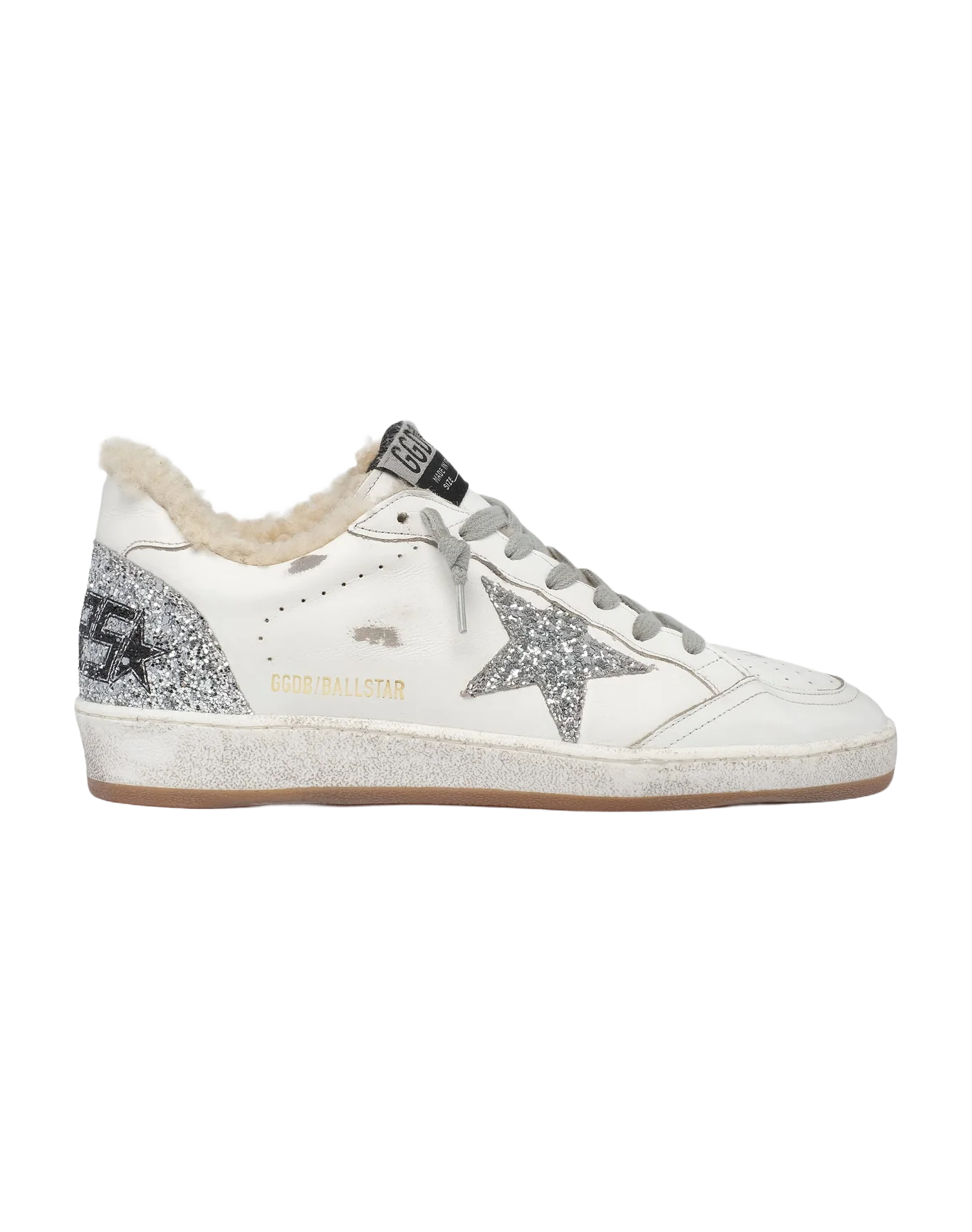 Women | Ball Star Sneakers Leather with Glitter Details & Shearling Lining | White x Silver - Image 2