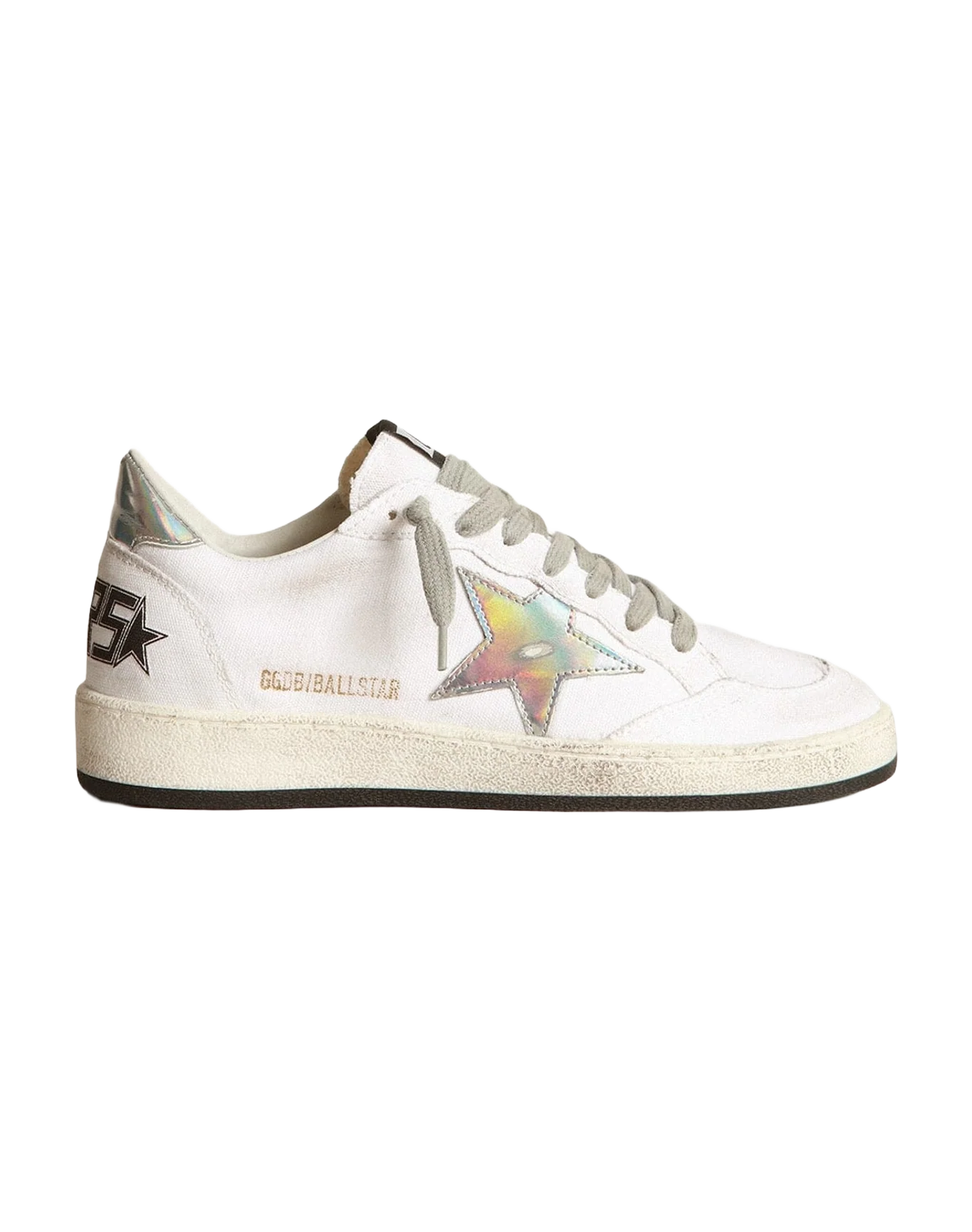 Women | Ball Star Sneakers White Canvas with Iridescent Leather Star & Heel Tab | White x Silver