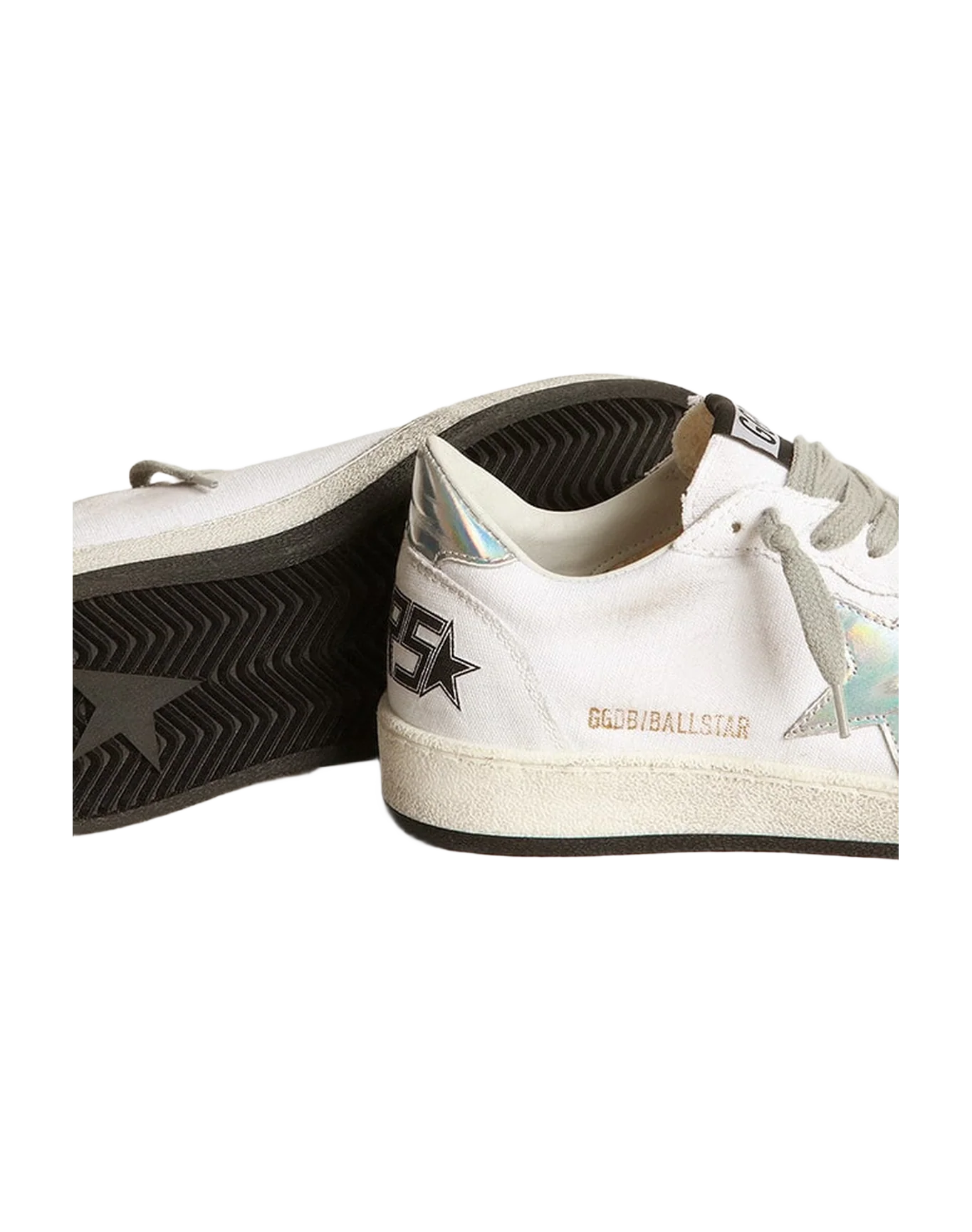 Women | Ball Star Sneakers White Canvas with Iridescent Leather Star & Heel Tab | White x Silver - Image 2