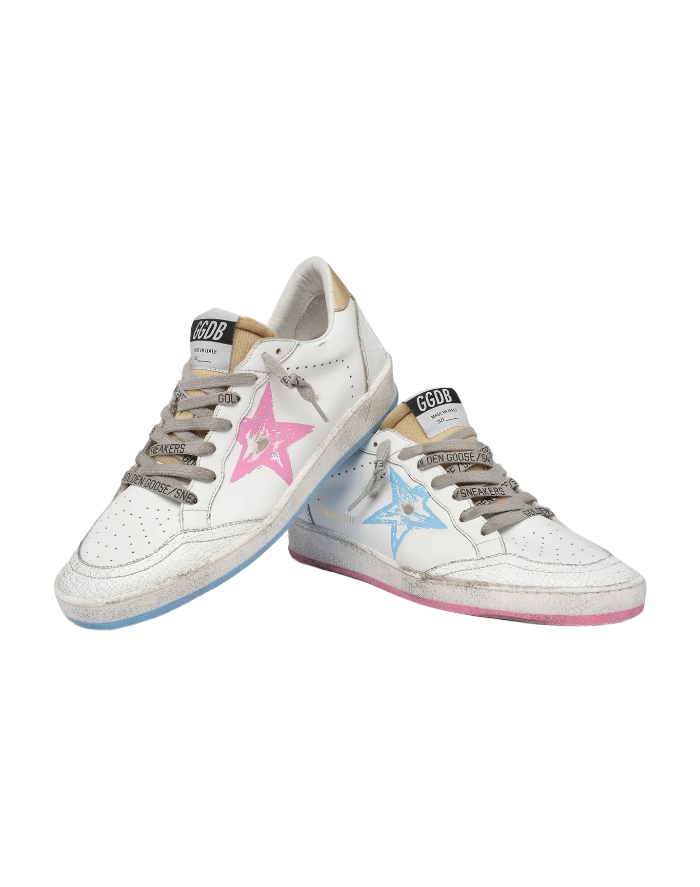 Women | Ball Star Sneakers with Gold Heel Tab & Foam Rubber Tongue | White x Light Bleu Pink x Gold - Image 4