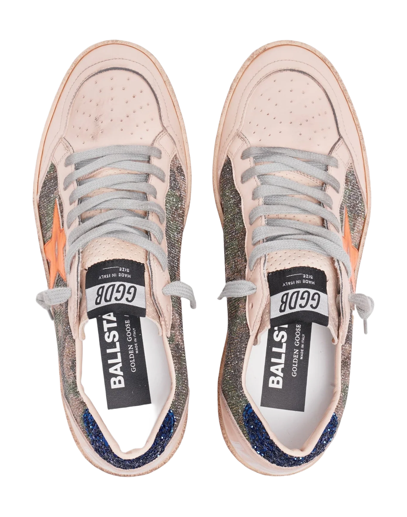 Women | Ball Star White Nappa Leather & Silver Glitter with Metallic Orange Leather Star & Blue Glitter Heel Tab | Green Camouflage x Smoke Gray x Yellow Ochre x Bluette