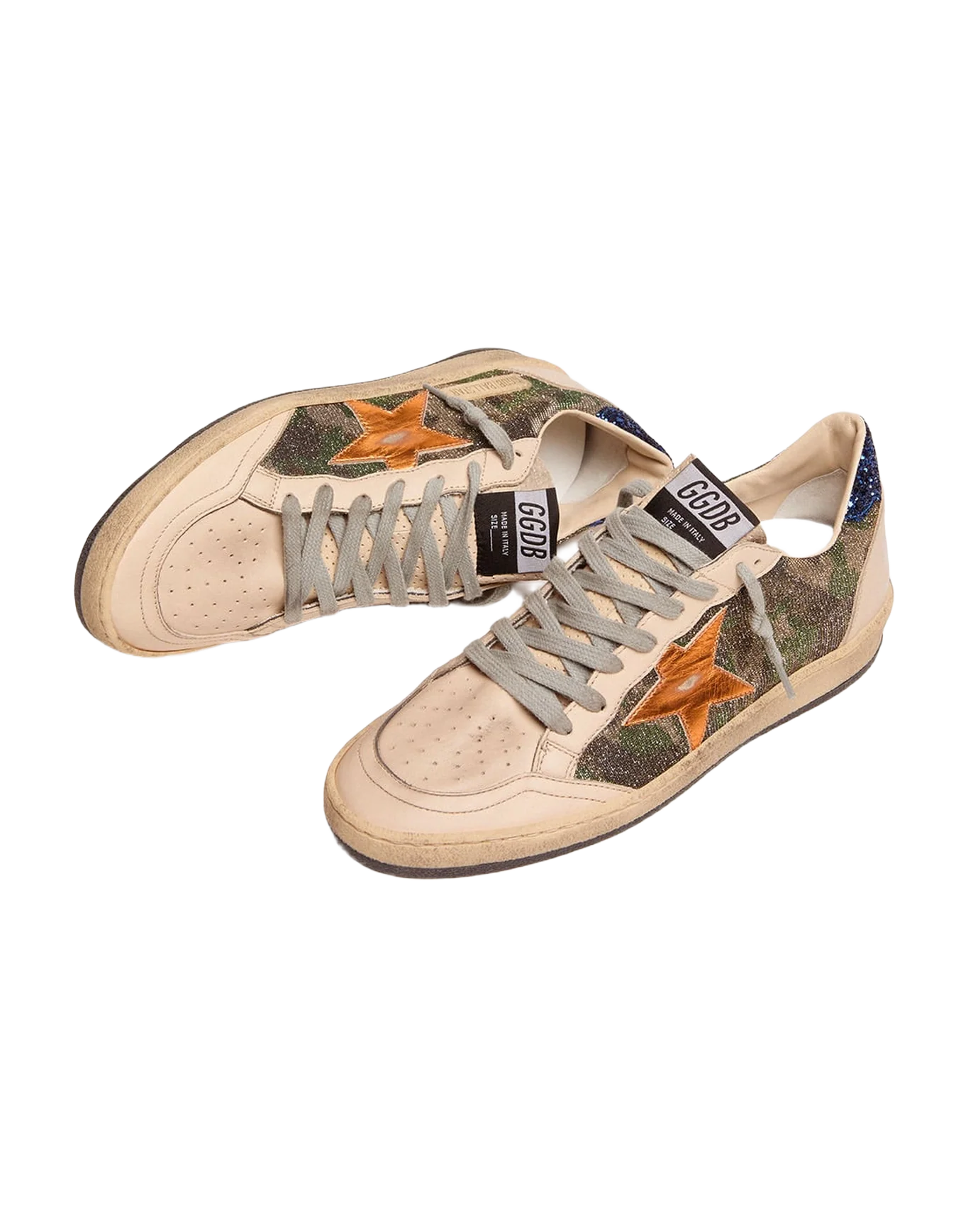 Women | Ball Star White Nappa Leather & Silver Glitter with Metallic Orange Leather Star & Blue Glitter Heel Tab | Green Camouflage x Smoke Gray x Yellow Ochre x Bluette - Image 2