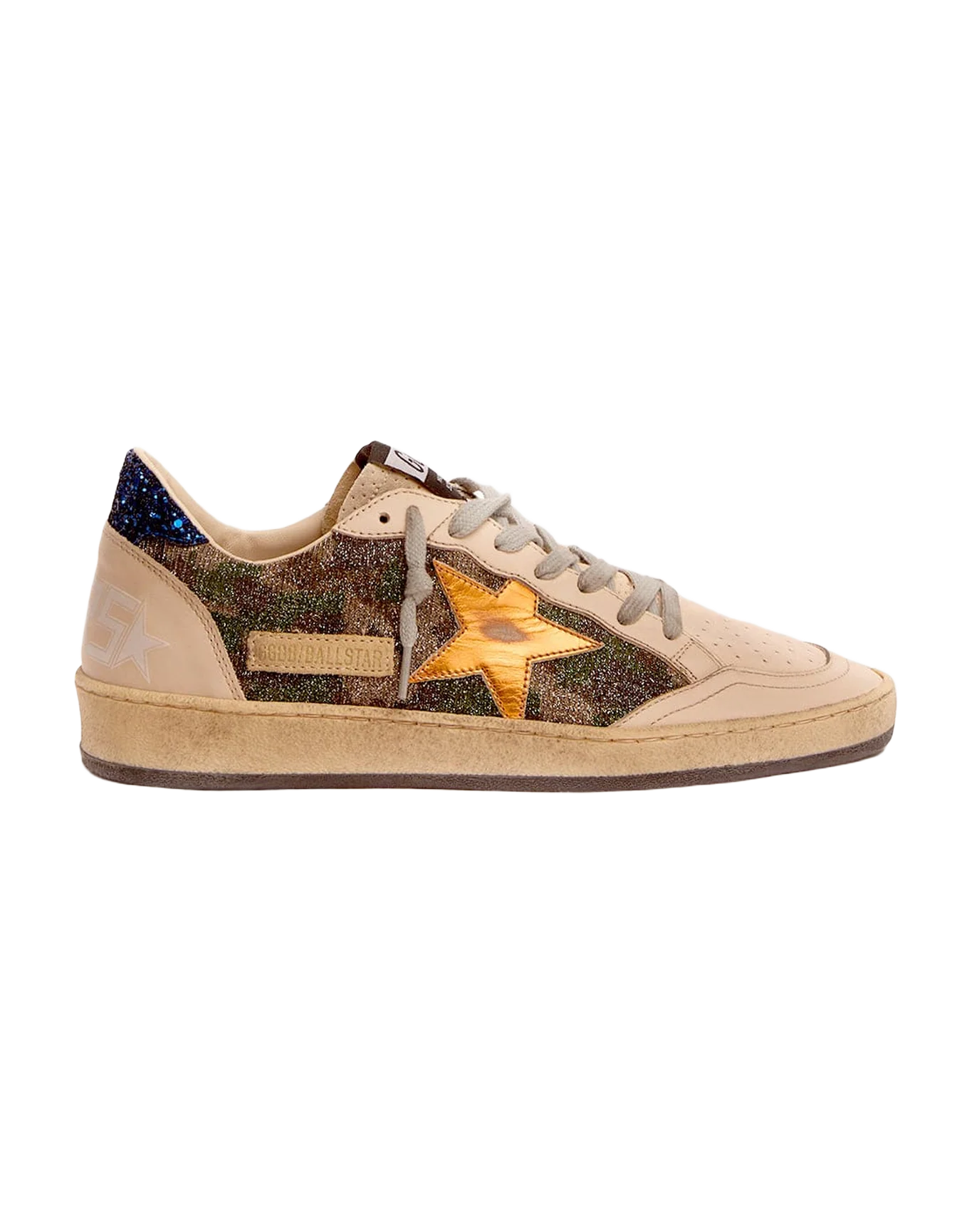 Women | Ball Star White Nappa Leather & Silver Glitter with Metallic Orange Leather Star & Blue Glitter Heel Tab | Green Camouflage x Smoke Gray x Yellow Ochre x Bluette - Image 5