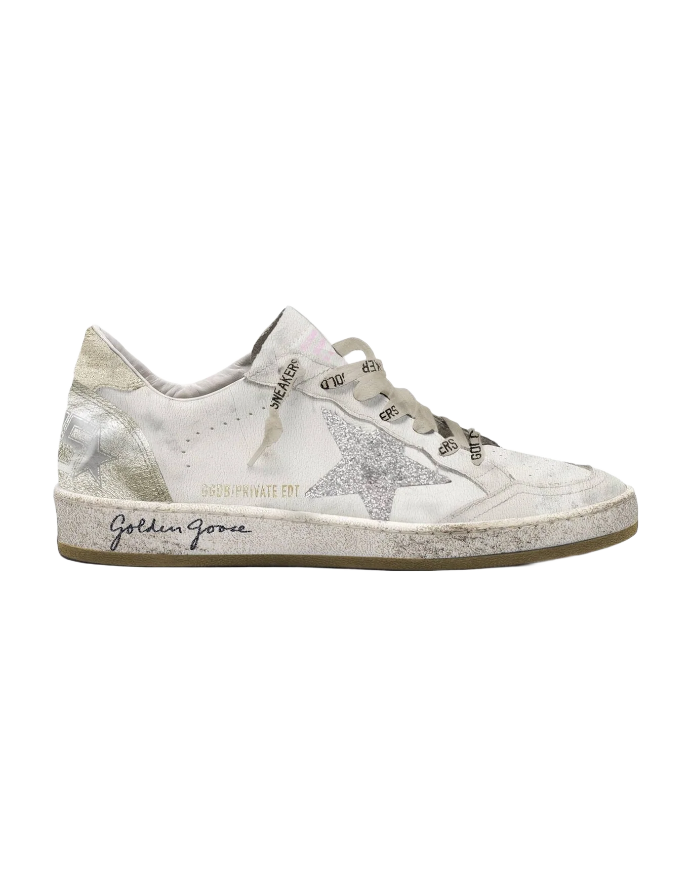 Women | Ball Star White Nappa Leather with Silver Glitter Star & Gold Heel Tab | White x Silver x Marble