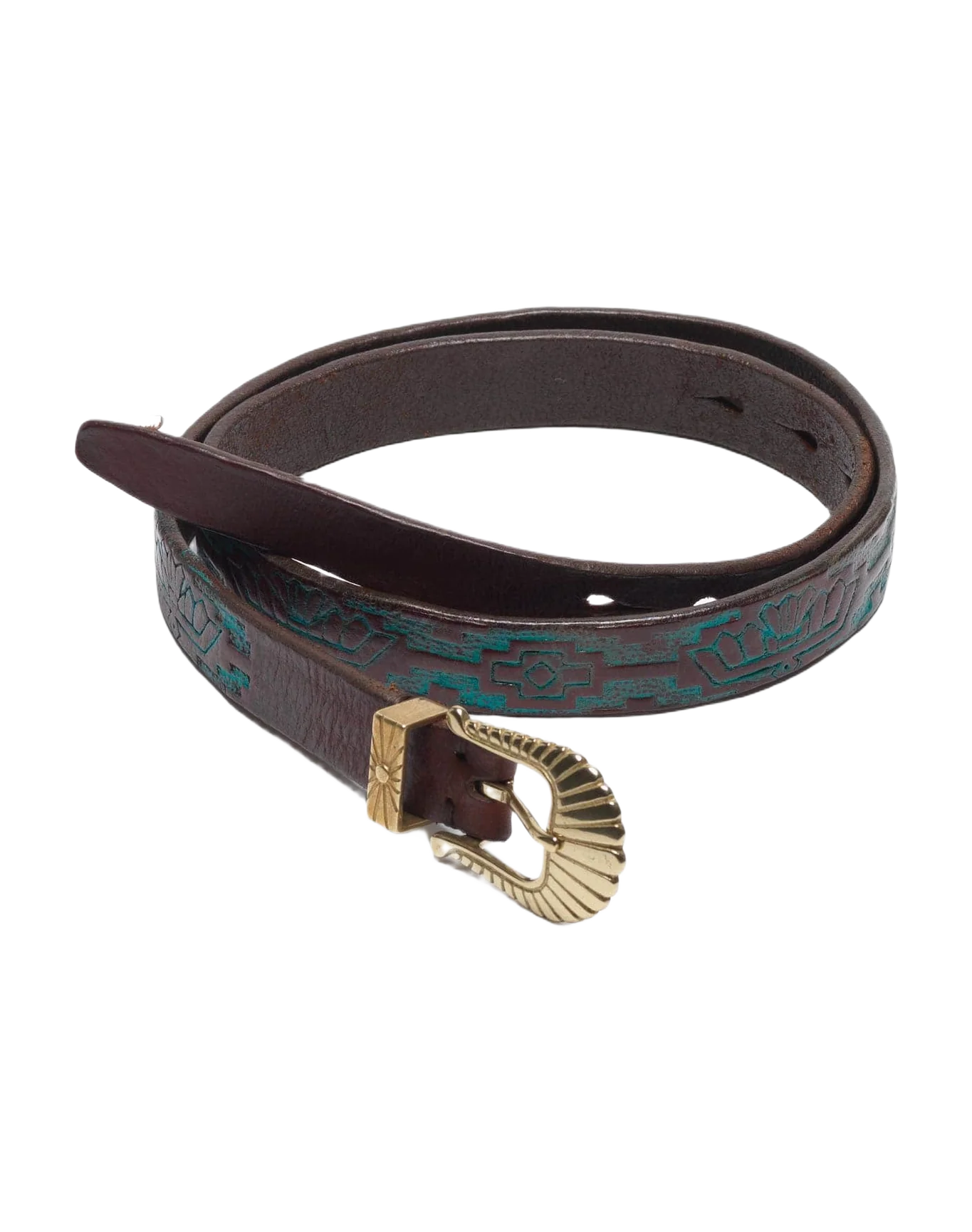 Women | Belt Brown Washed Leather-Turquois-Gold Buckle - Image 3