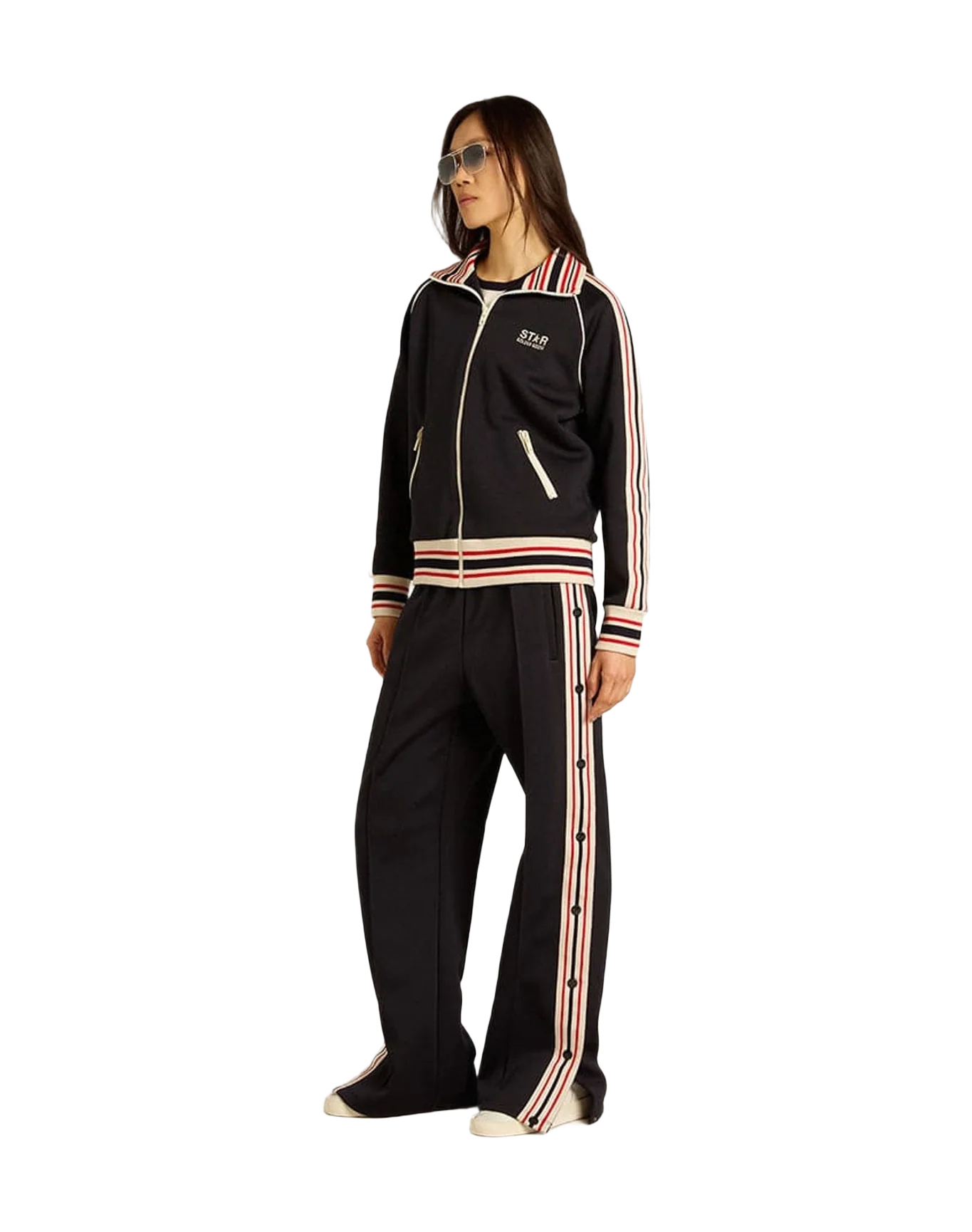 Women | Black Wo Joggers with Side Stripes | Dark Blue x Papyrus