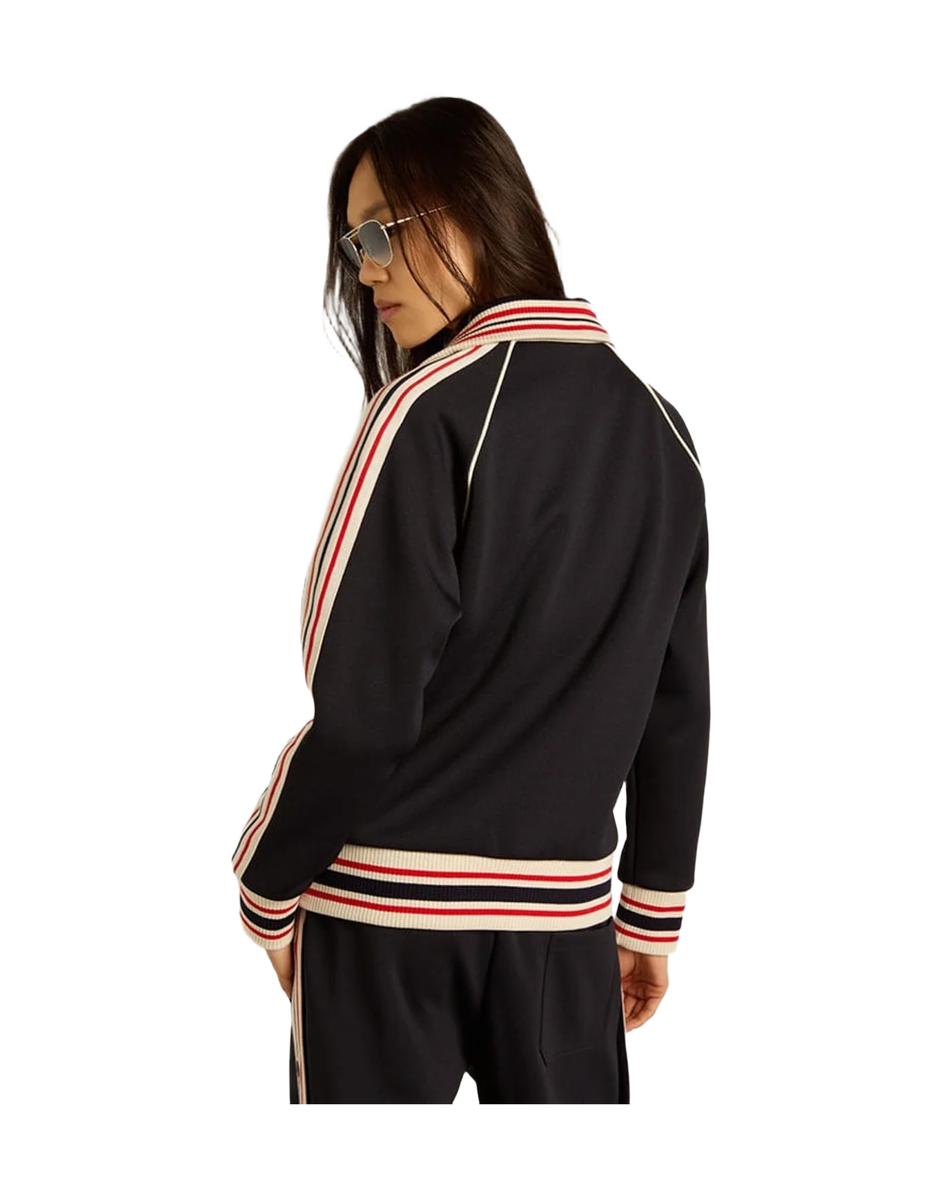 Women | Black Zipped Sweatshirt with Side Strips | Dark Blue x Papyrus