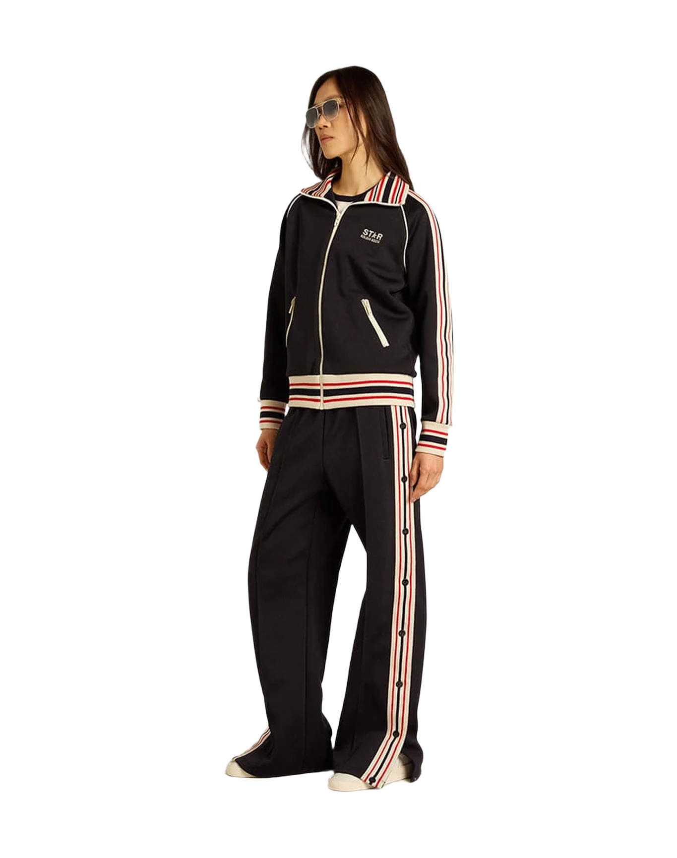Women | Black Zipped Sweatshirt with Side Strips | Dark Blue x Papyrus - Image 2