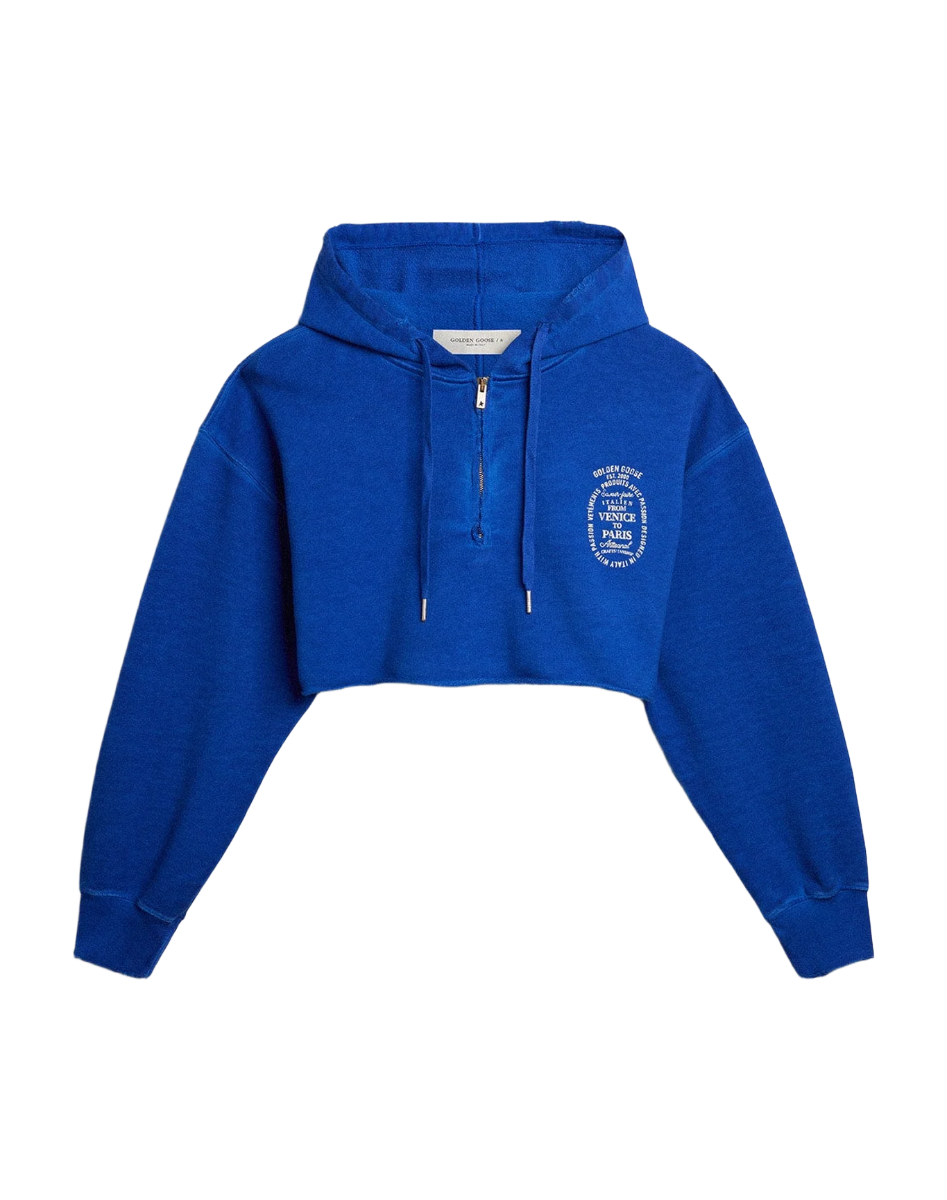 Women | Blue Cropped Sweatshirt with Zip Fastening & Hood | Mazarine Blue x Heritage White - Image 2