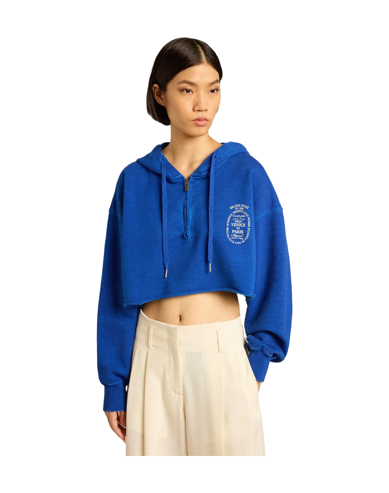 Women | Blue Cropped Sweatshirt with Zip Fastening & Hood | Mazarine Blue x Heritage White - Image 4