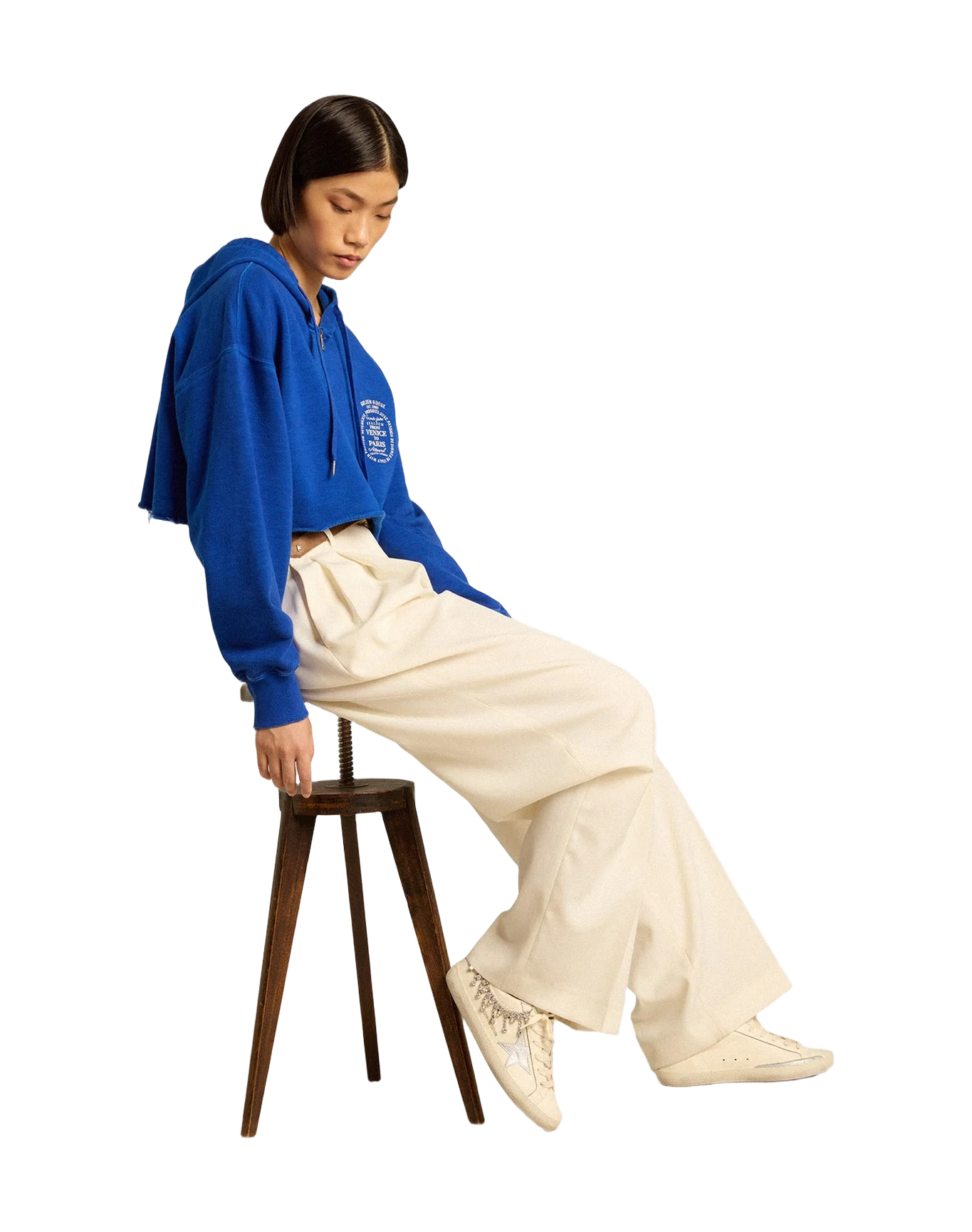 Women | Blue Cropped Sweatshirt with Zip Fastening & Hood | Mazarine Blue x Heritage White - Image 6