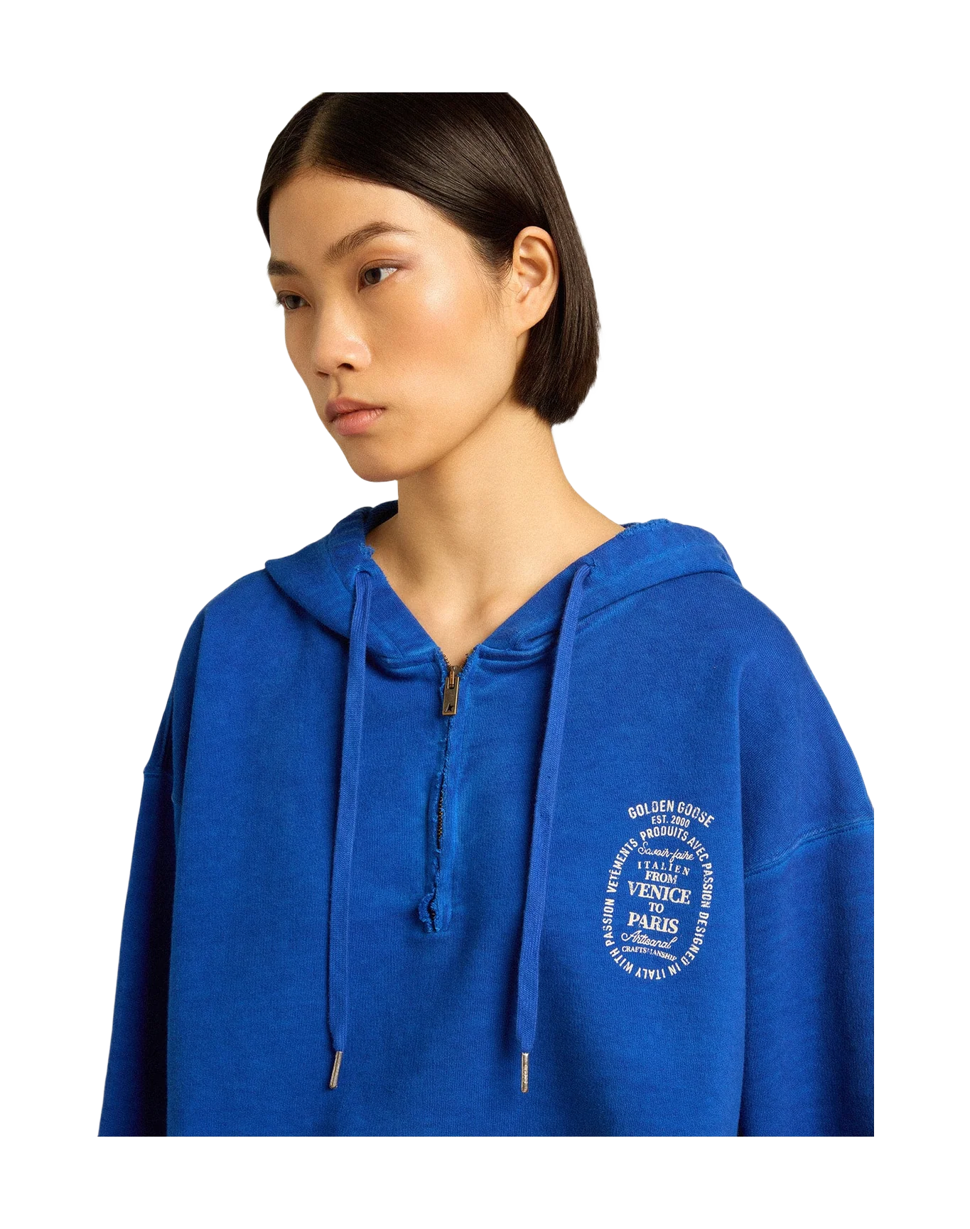 Women | Blue Cropped Sweatshirt with Zip Fastening & Hood | Mazarine Blue x Heritage White - Image 8