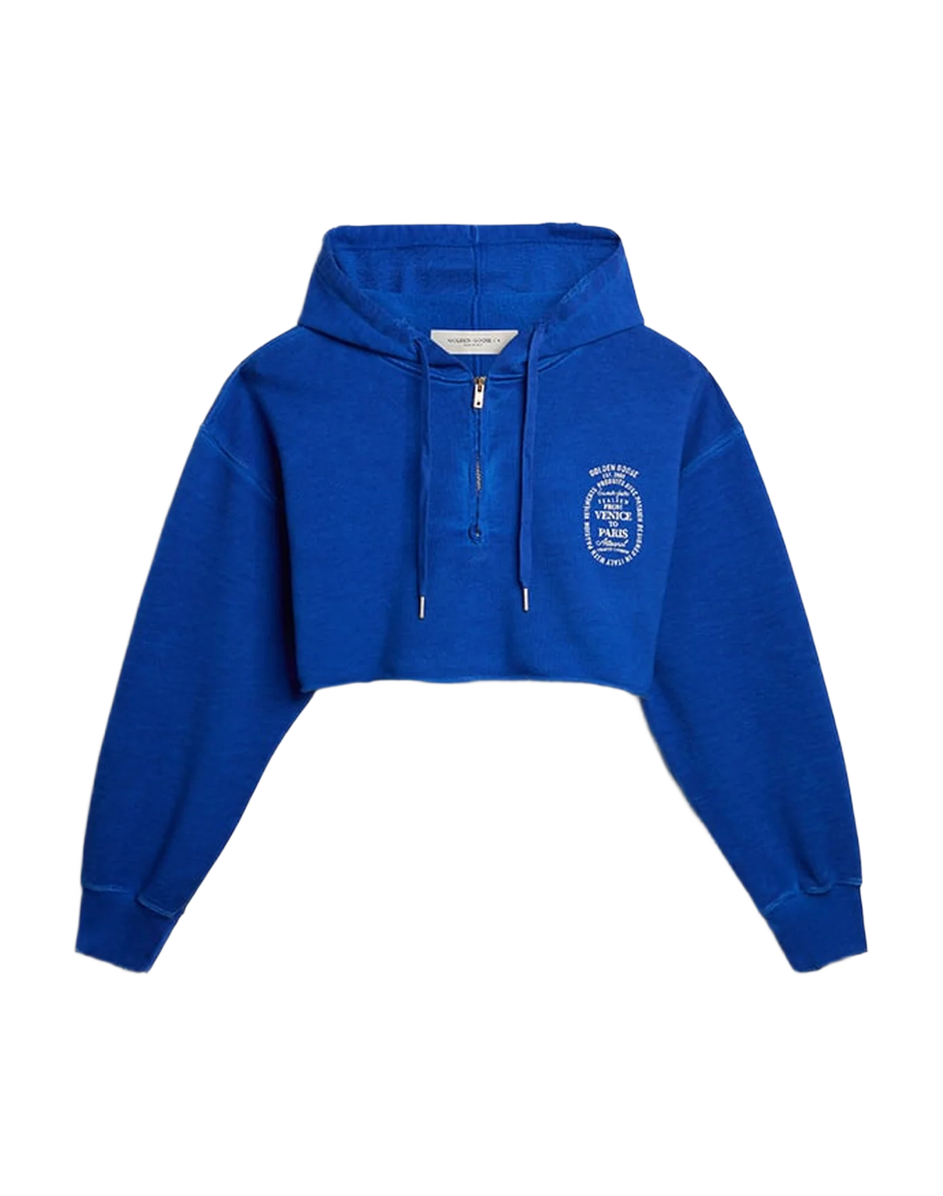 Women | Blue Cropped Sweatshirt with Zip Fastening & Hood | Mazarine Blue x Heritage White - Image 9