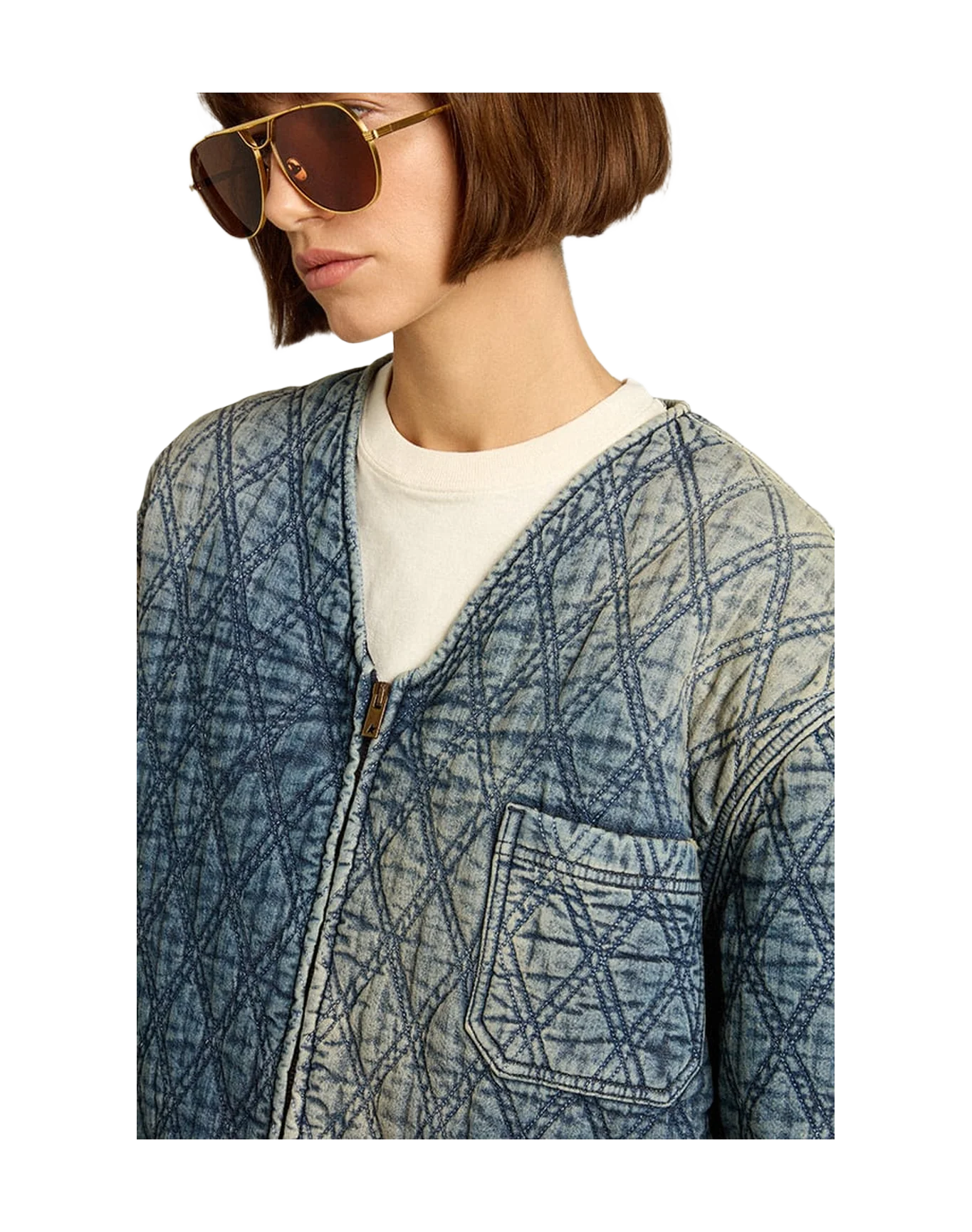 Women | Blue Quilted Jacket Cotton Denim with Distressed Finish | Dark Blue - Image 10