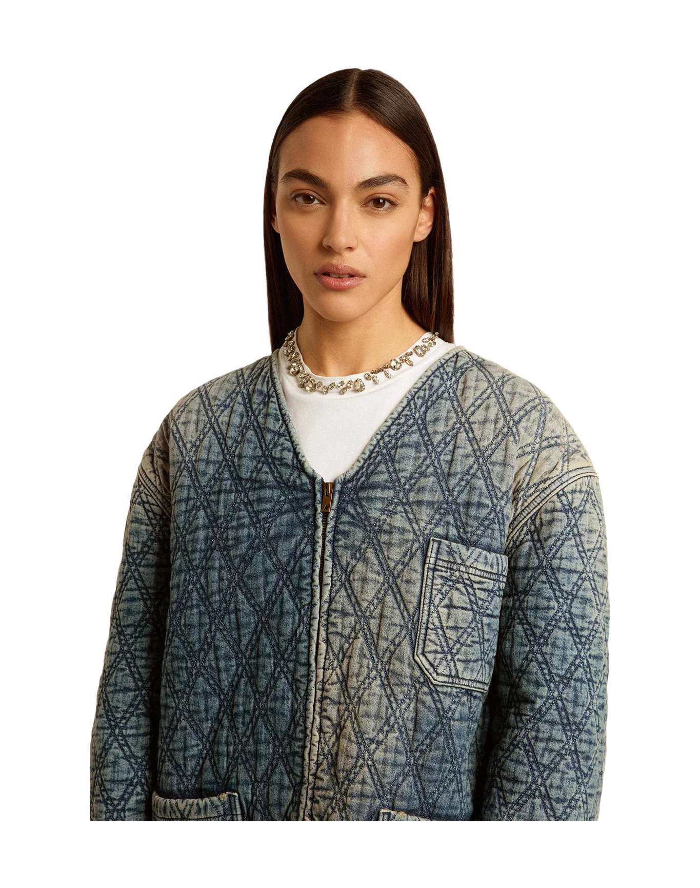 Women | Blue Quilted Jacket Cotton Denim with Distressed Finish | Dark Blue - Image 2