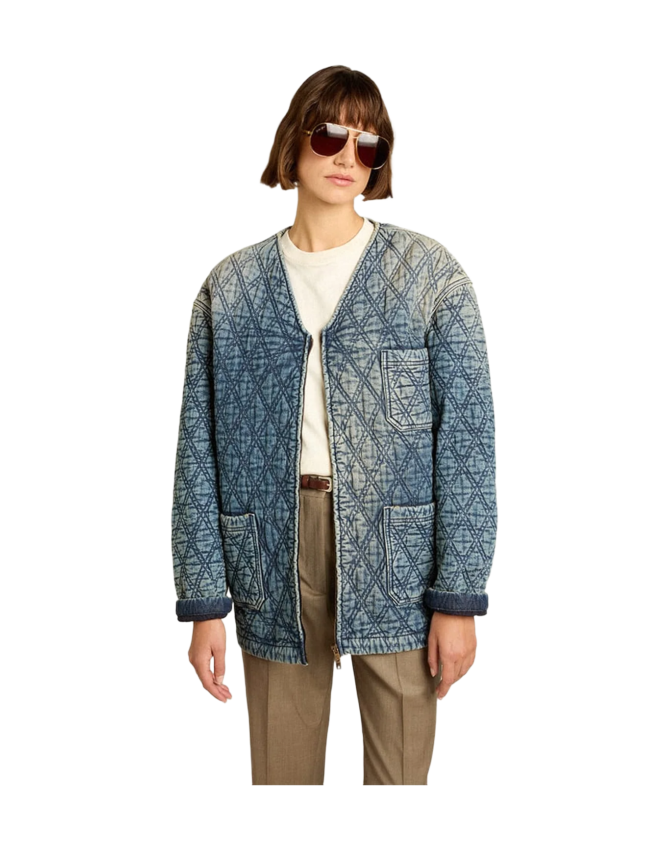 Women | Blue Quilted Jacket Cotton Denim with Distressed Finish | Dark Blue - Image 5