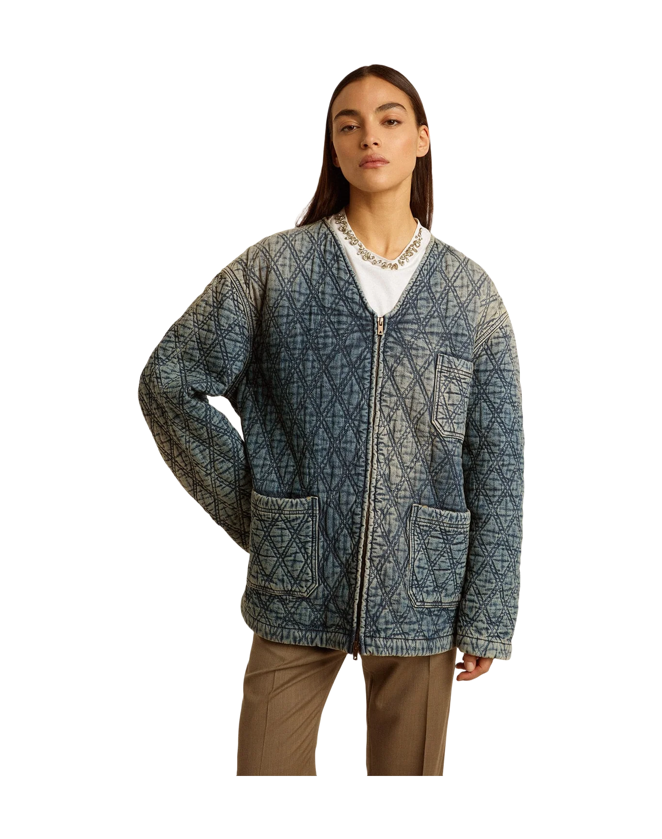 Women | Blue Quilted Jacket Cotton Denim with Distressed Finish | Dark Blue - Image 9