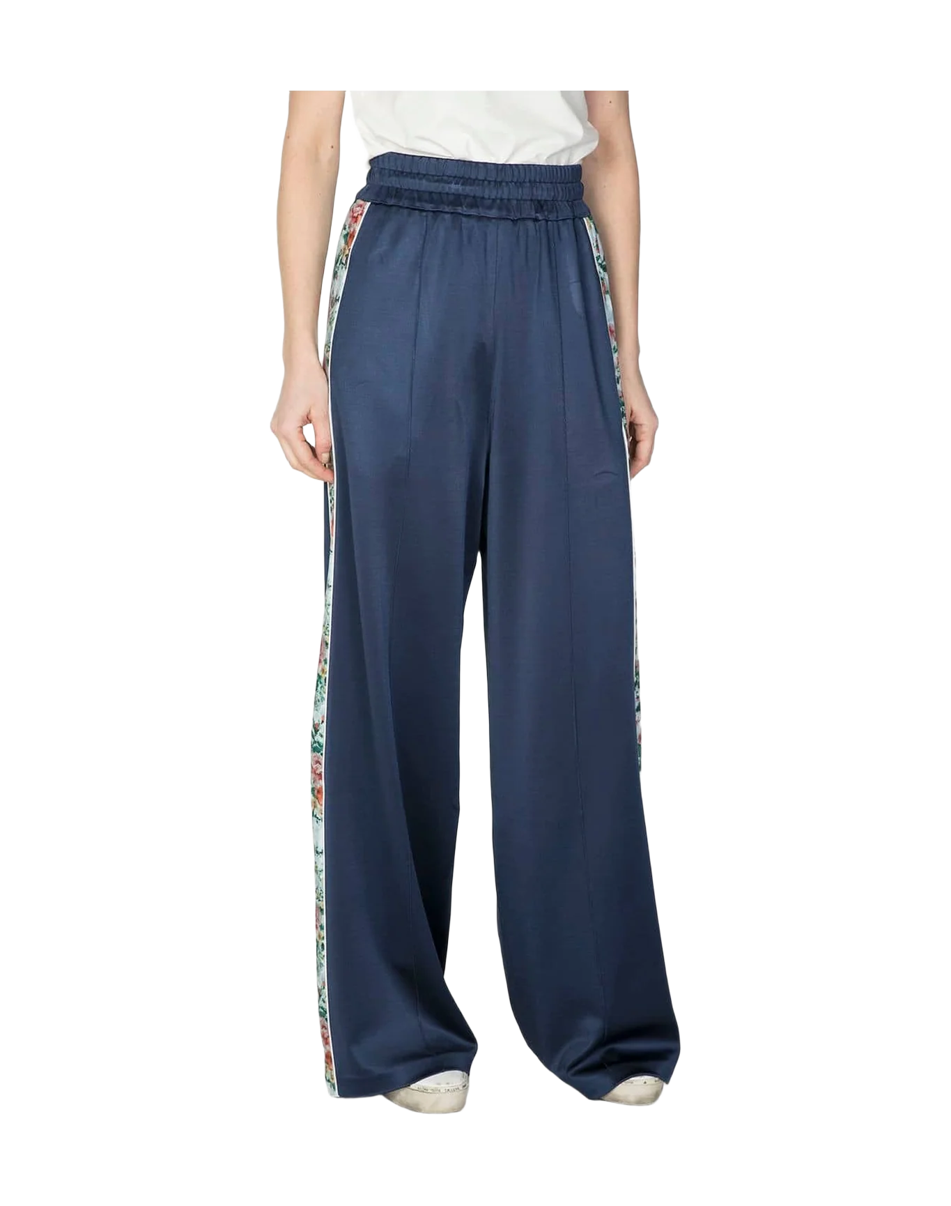 Women | Blue Wide Trousers with Flower Side Bands - Image 2
