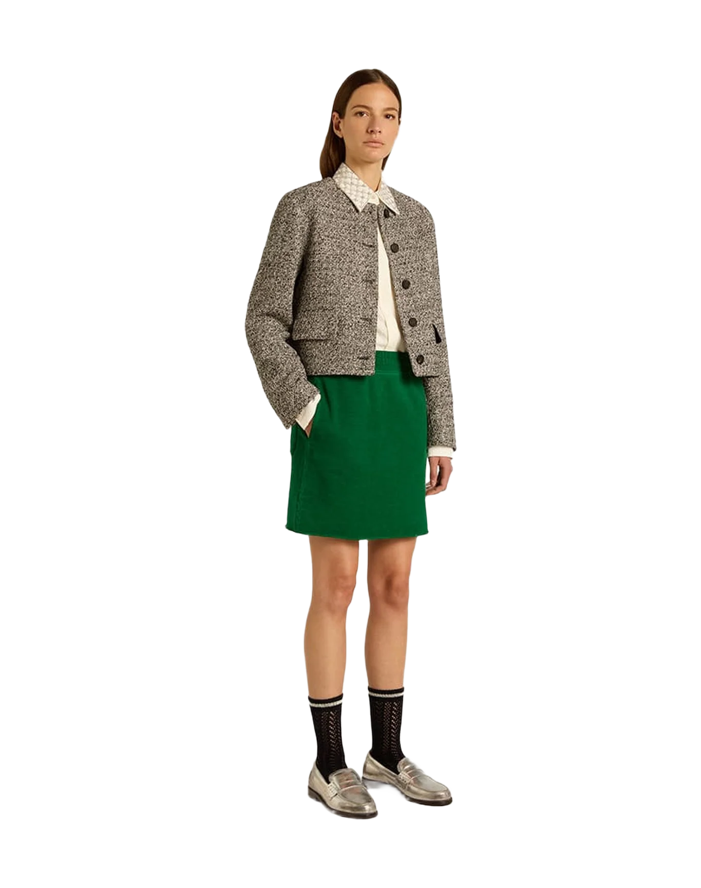 Women | Boxy Cropped Jacket Gray Bouclé Fabric | Black x Vintage White - Image 10