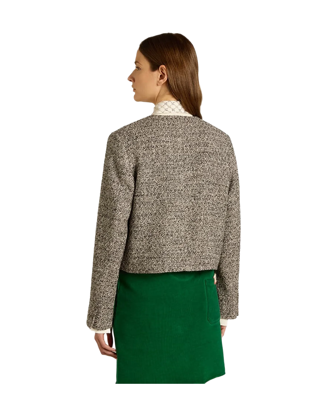 Women | Boxy Cropped Jacket Gray Bouclé Fabric | Black x Vintage White - Image 6