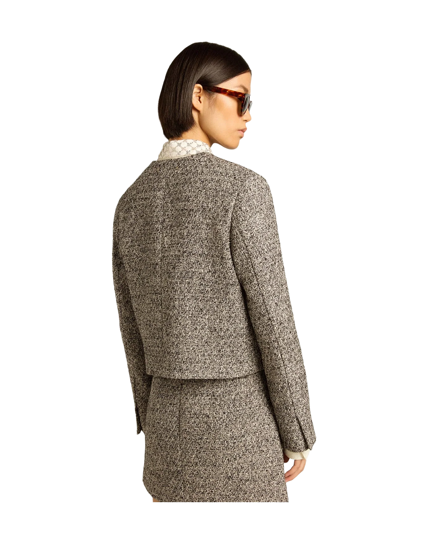 Women | Boxy Cropped Jacket Gray Bouclé Fabric | Black x Vintage White - Image 7