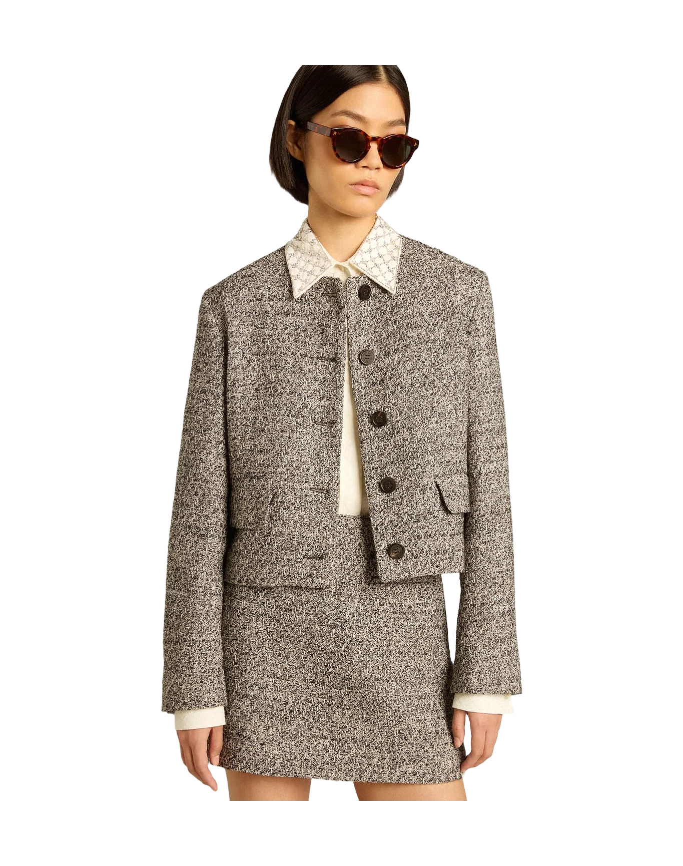 Women | Boxy Cropped Jacket Gray Bouclé Fabric | Black x Vintage White - Image 8