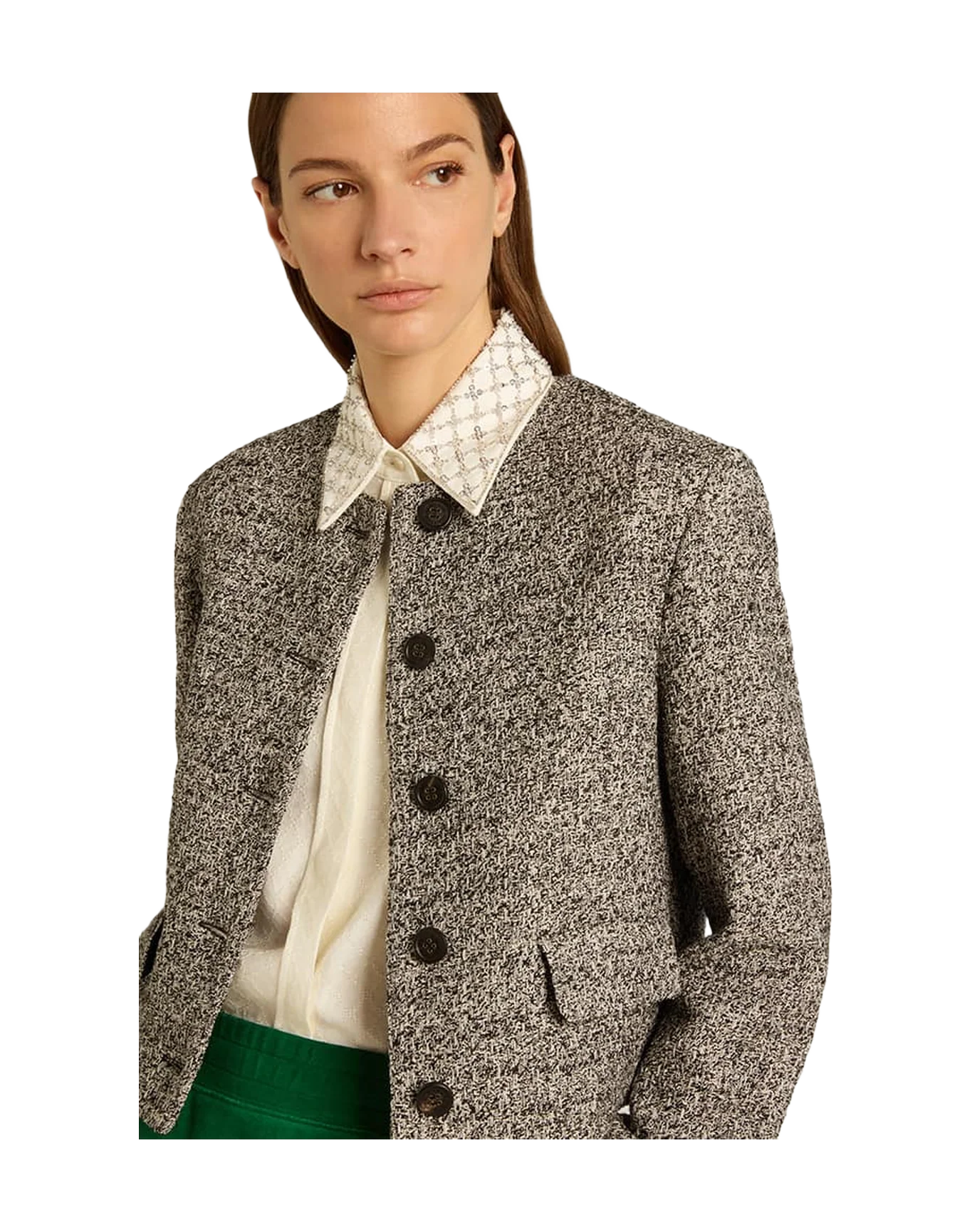 Women | Boxy Cropped Jacket Gray Bouclé Fabric | Black x Vintage White - Image 9
