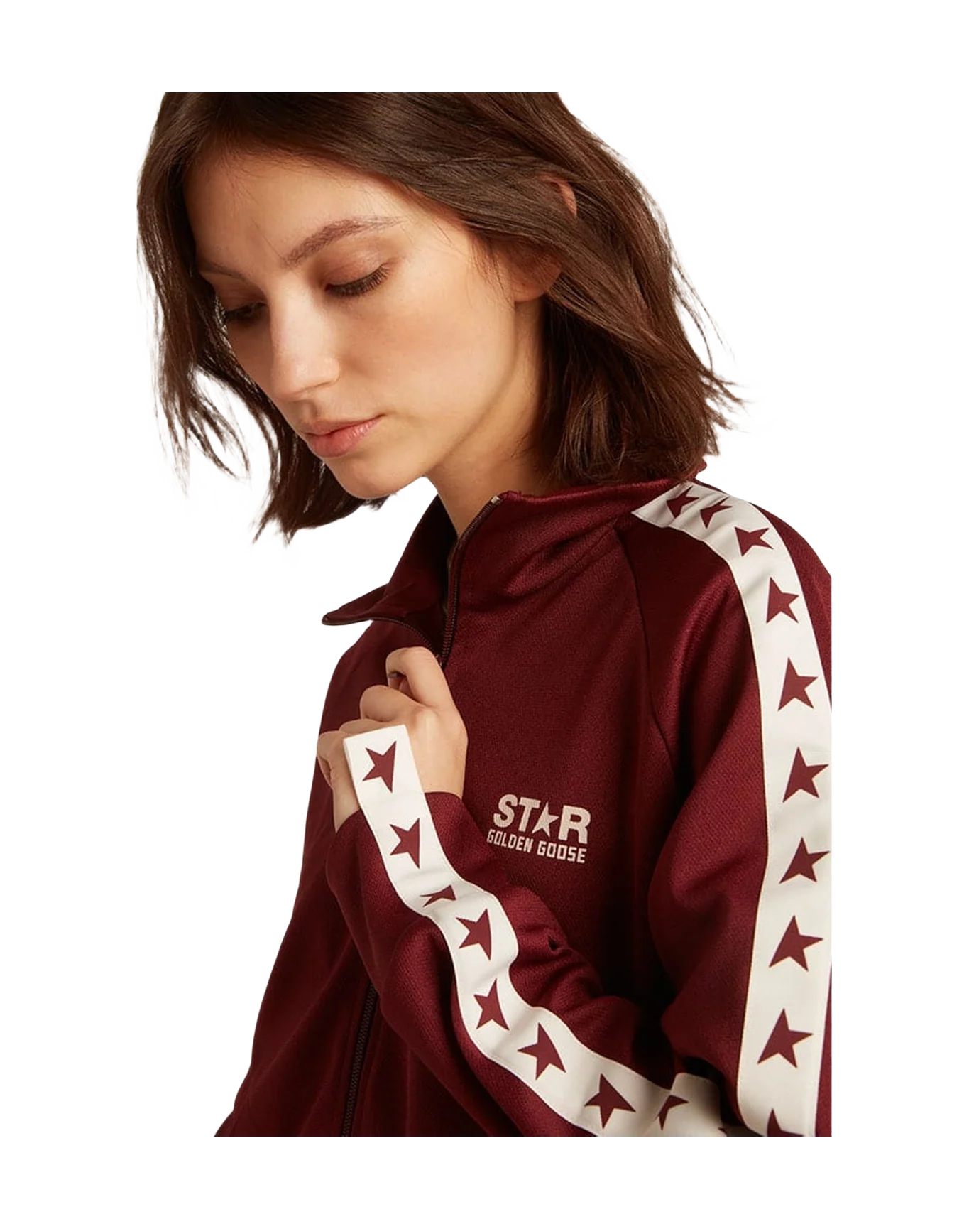 Women | Burgundy Zipped Sweatshirt with White Strip & Contrasting Stars | Windsor Wine x White