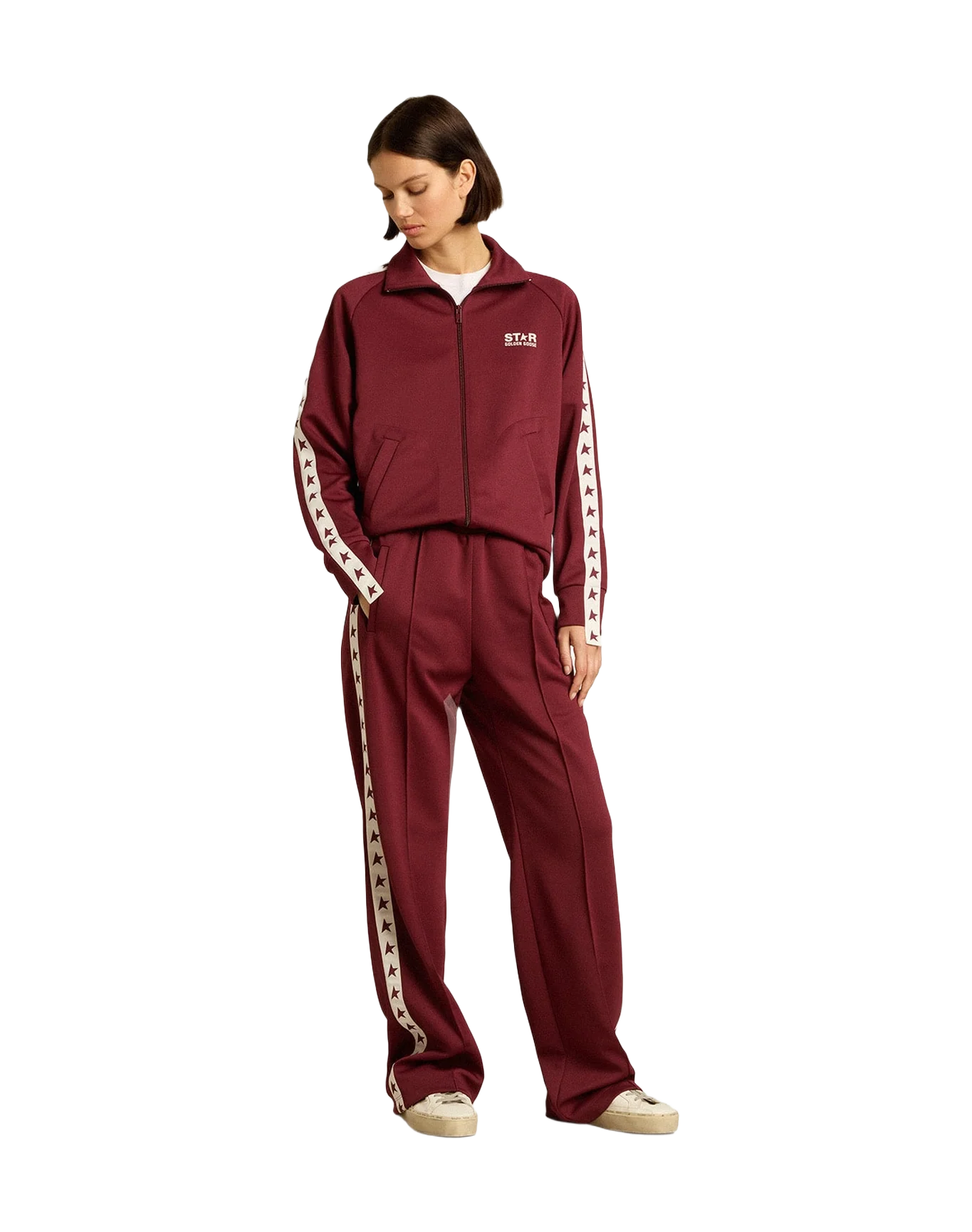 Women | Burgundy Zipped Sweatshirt with White Strip & Contrasting Stars | Windsor Wine x White - Image 4