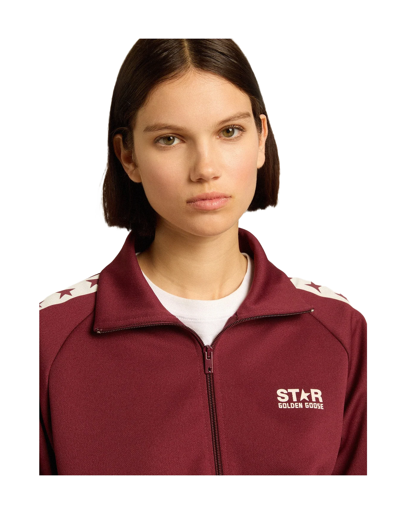 Women | Burgundy Zipped Sweatshirt with White Strip & Contrasting Stars | Windsor Wine x White - Image 6