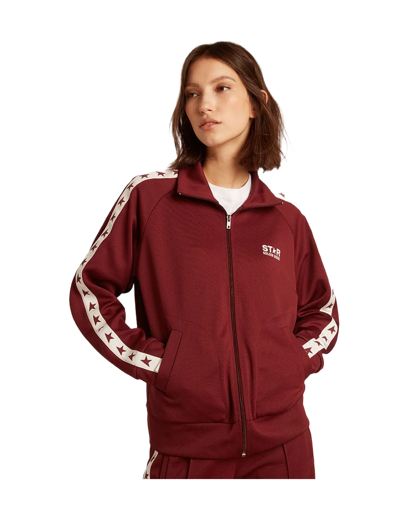 Women | Burgundy Zipped Sweatshirt with White Strip & Contrasting Stars | Windsor Wine x White - Image 7