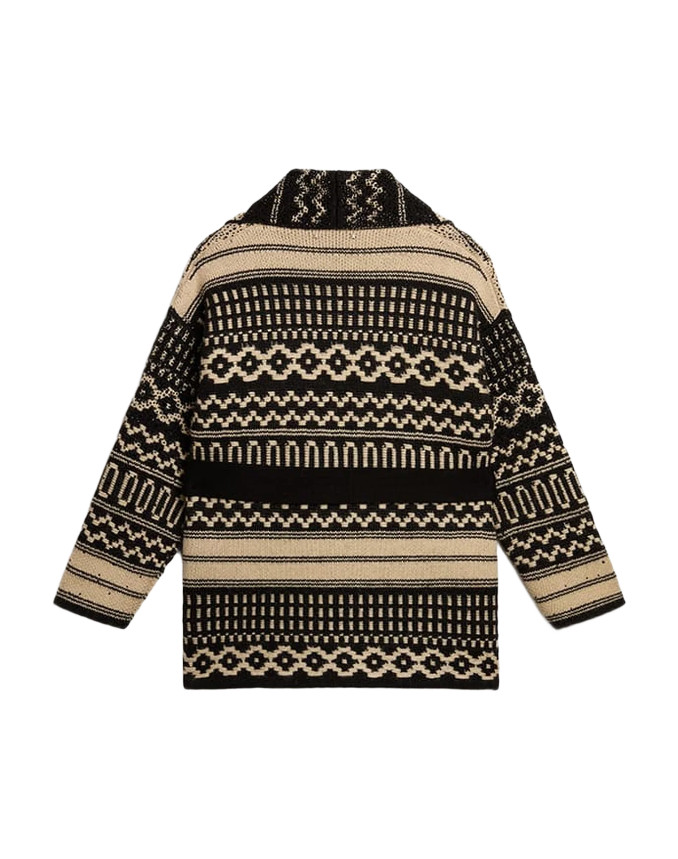 Women | Cardigan Ecru Wool with Jacquard Design & Belt | Black x Ecru - Image 10