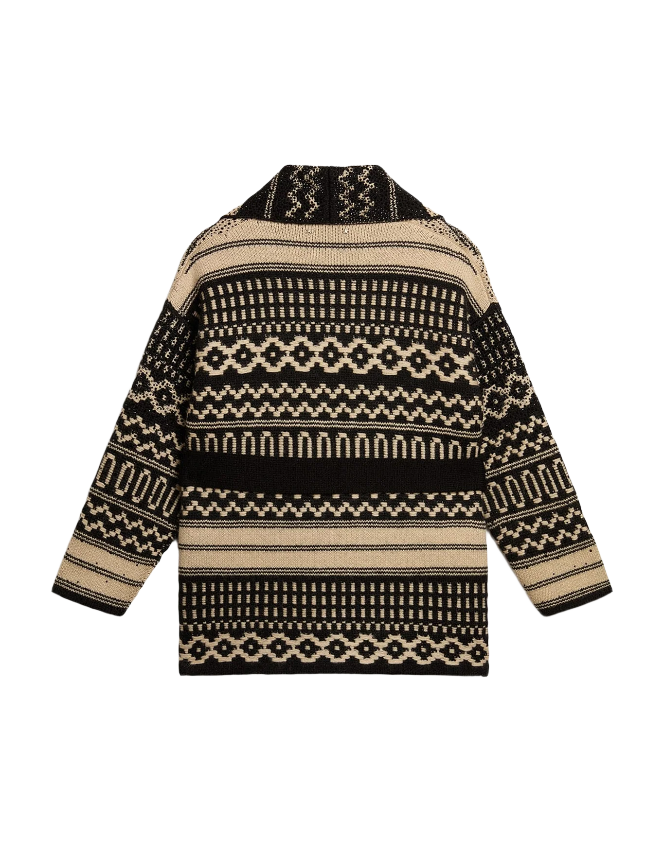 Women | Cardigan Ecru Wool with Jacquard Design & Belt | Black x Ecru - Image 2