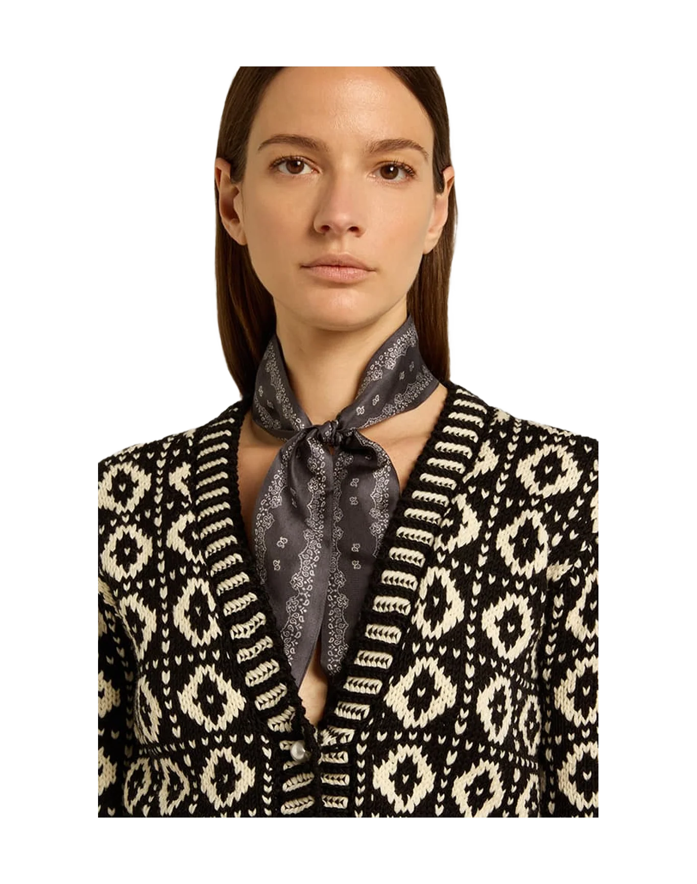Women | Cropped Cardigan with Geometric Design Vintage White & Black | Antique White x Black - Image 10