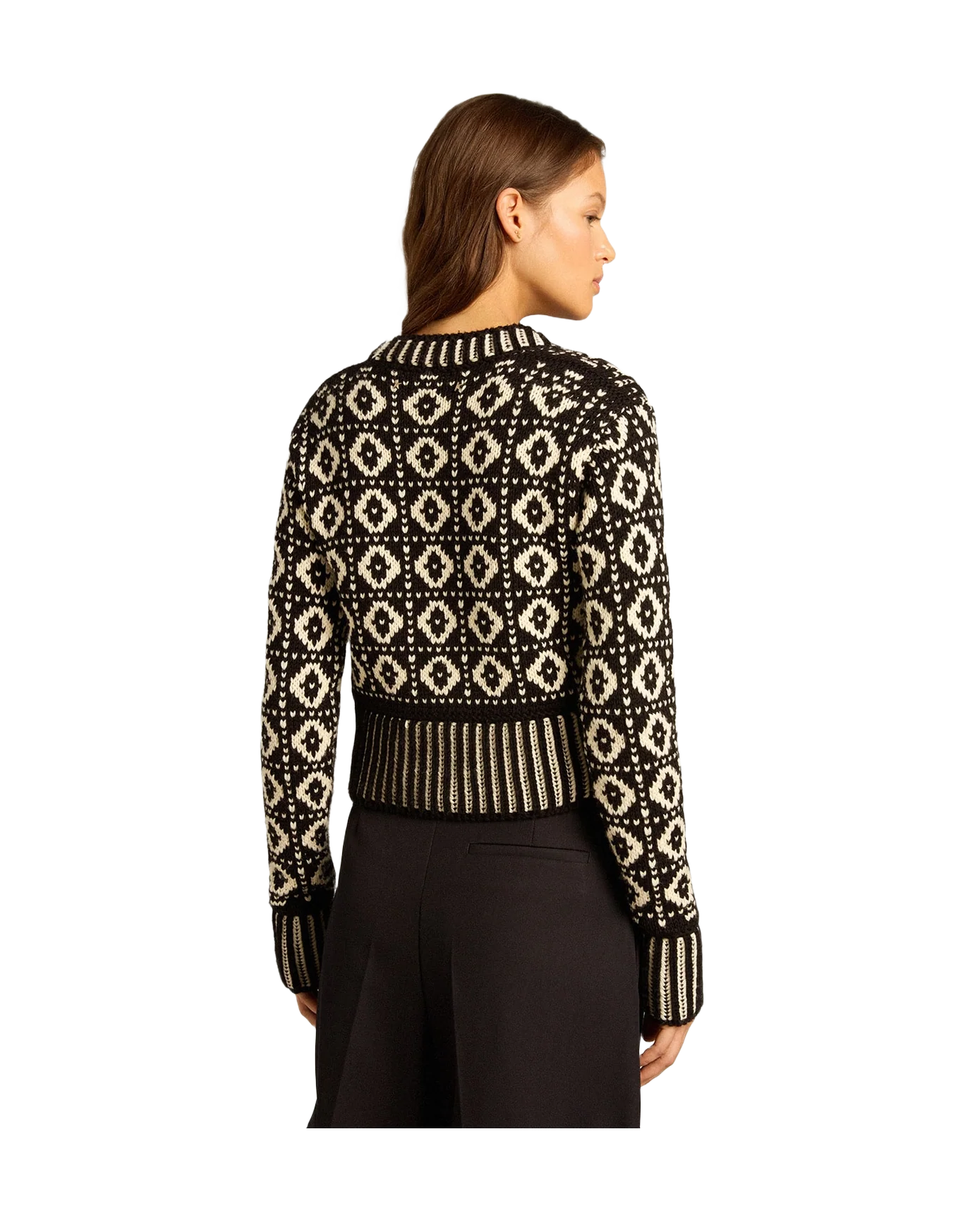 Women | Cropped Cardigan with Geometric Design Vintage White & Black | Antique White x Black - Image 7