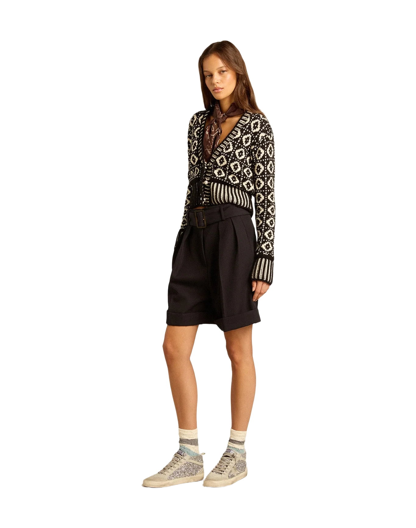 Women | Cropped Cardigan with Geometric Design Vintage White & Black | Antique White x Black - Image 8