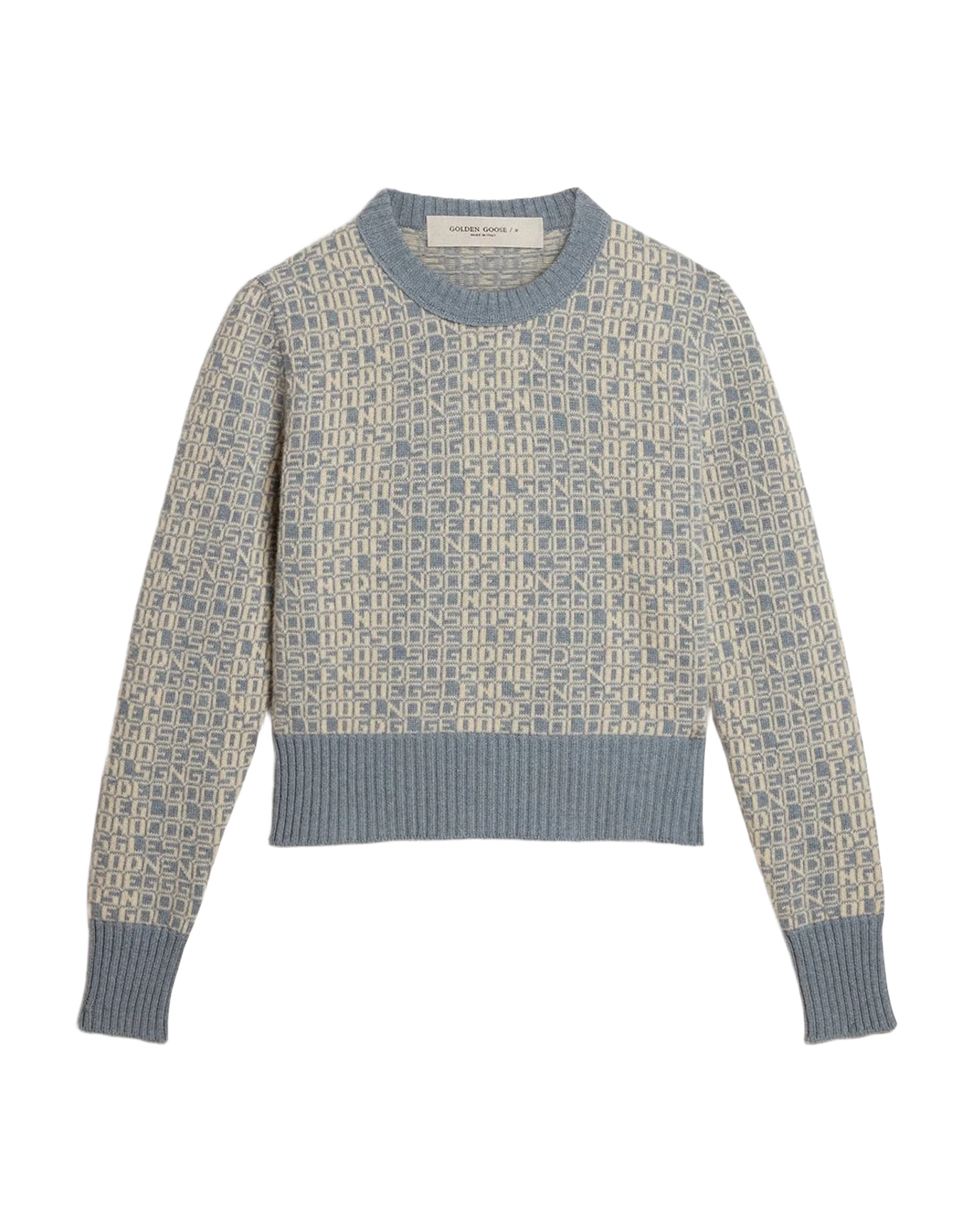 Women | Cropped Round-Neck Sweater with Light Blue Jacquard Lettering Motif | Spring Lake x Lamb''S Wool