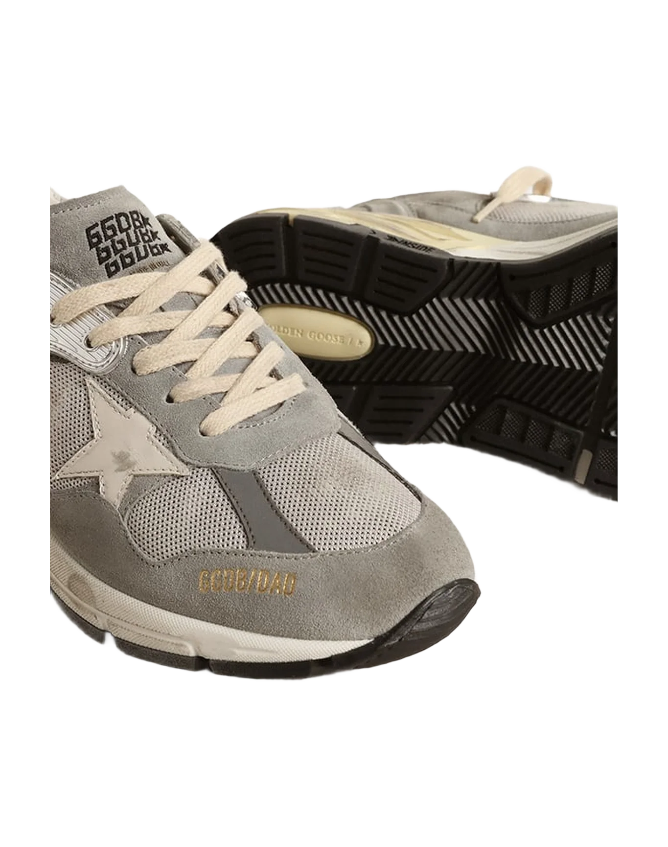 Women | Dad-Star Suede & Silver Mesh with White Leather Star & Heel Tab | Grey x Silver x White - Image 6