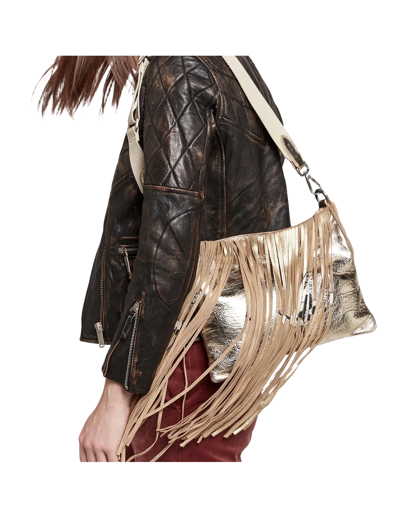 Women | Demi Hobo Bag Laminated Leather with Fringe - Image 4