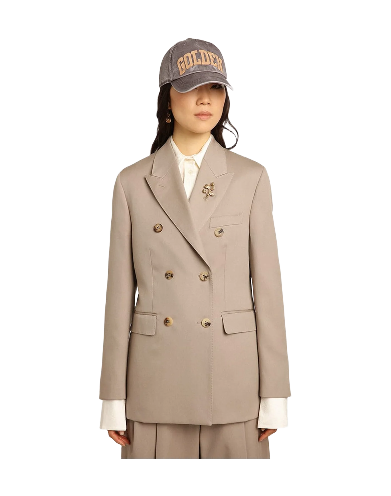 Women | Double-Breasted Blazer Light Beige Wool Gabardine | Roasted Cashew - Image 8