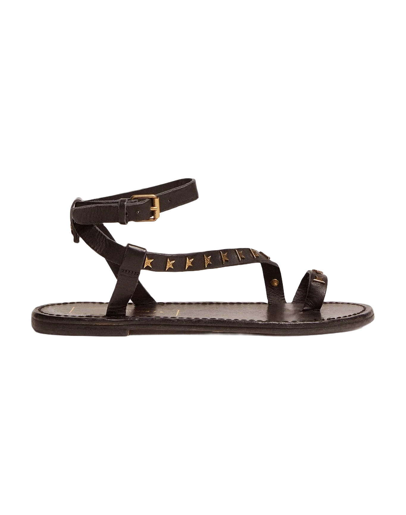 Women | Flat Sandals Black Leather with Gold Stars | Black x Gold