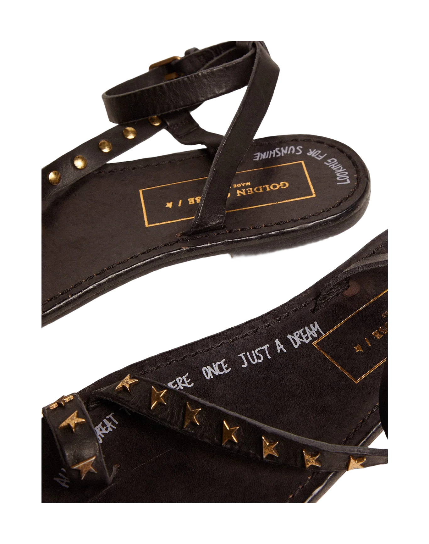 Women | Flat Sandals Black Leather with Gold Stars | Black x Gold - Image 5