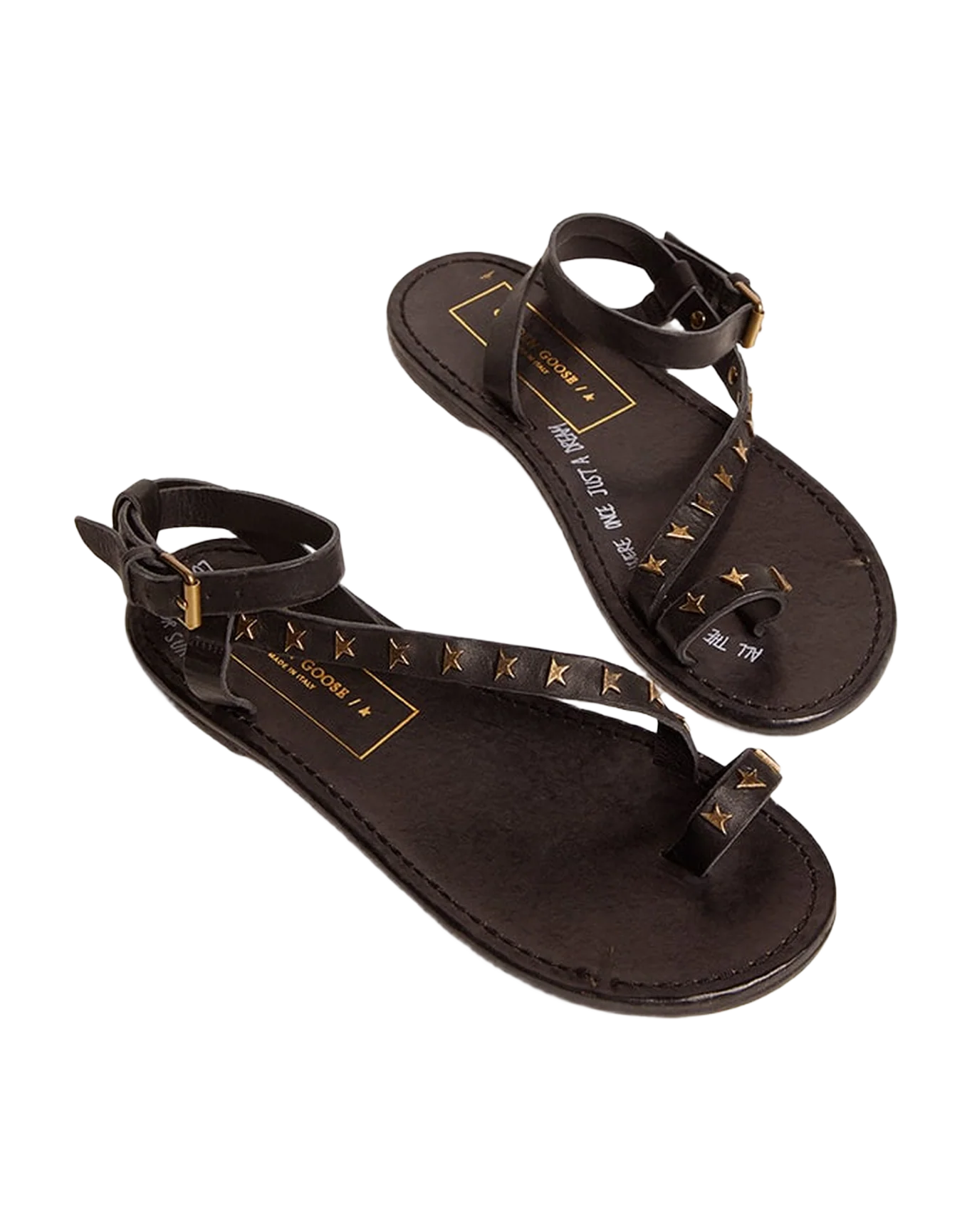 Women | Flat Sandals Black Leather with Gold Stars | Black x Gold - Image 8