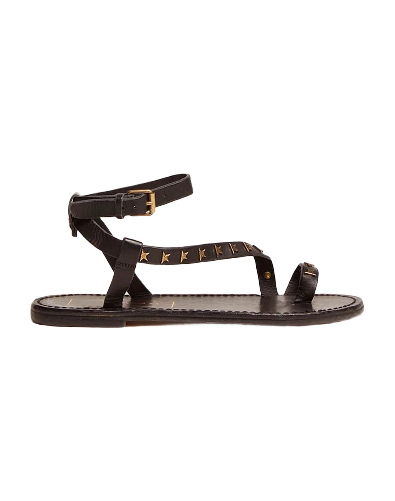 Women | Flat Sandals Black Leather with Gold Stars | Black x Gold - Image 9