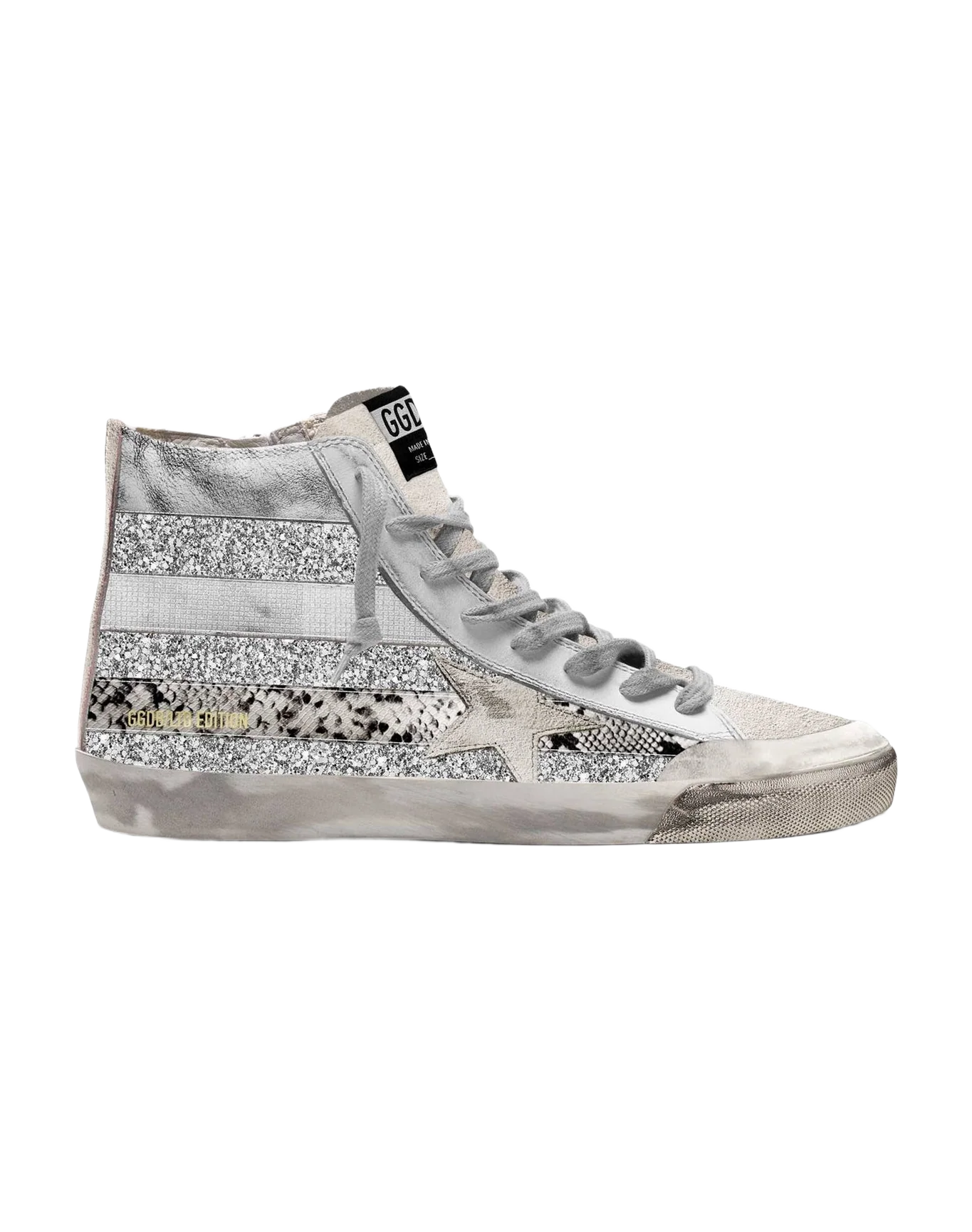 Women | Francy Lab Sneakers with Glitter Upper & Silver & Snake-Print Stripes | Silver x Ice x Rock Phyton
