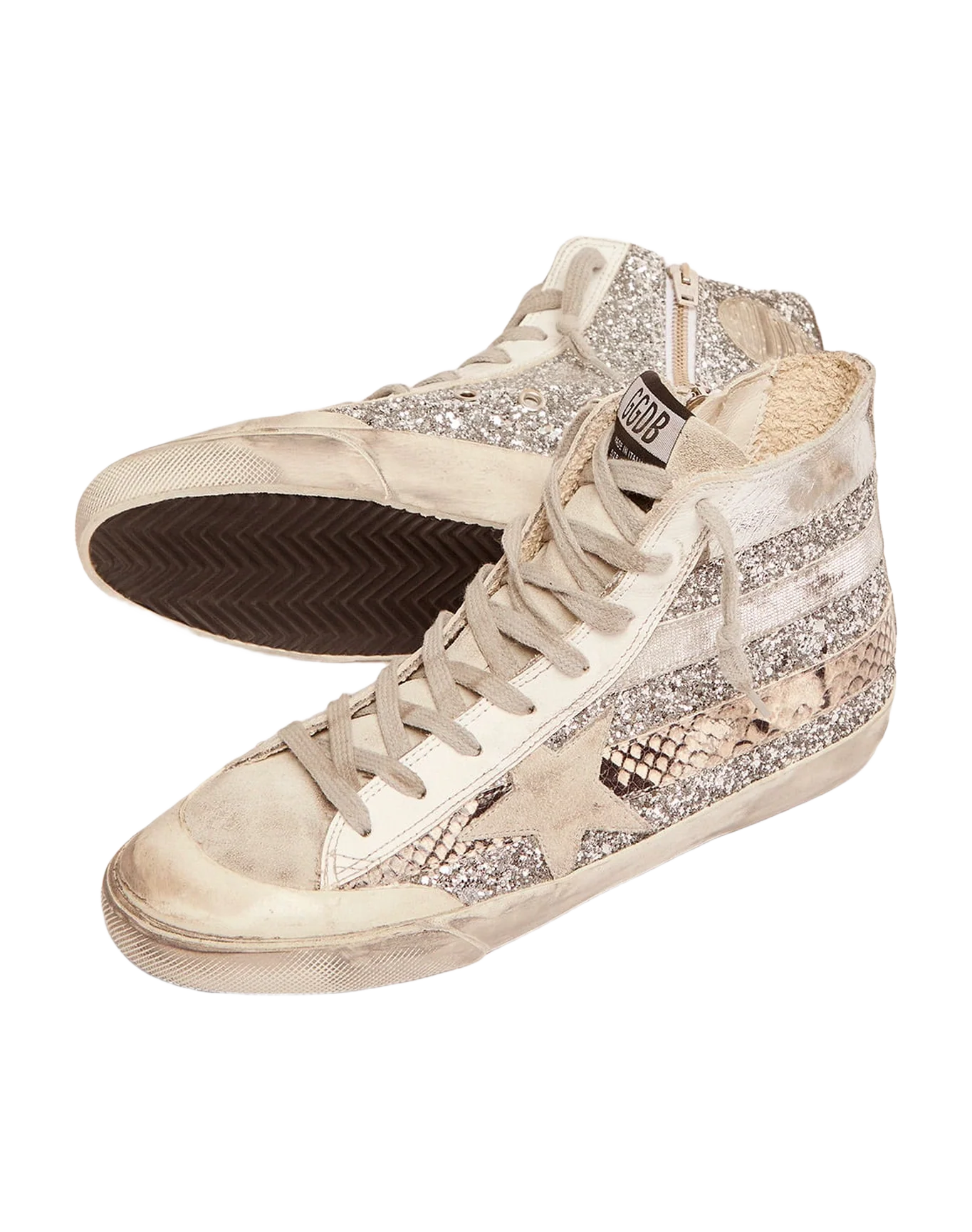 Women | Francy Lab Sneakers with Glitter Upper & Silver & Snake-Print Stripes | Silver x Ice x Rock Phyton - Image 2