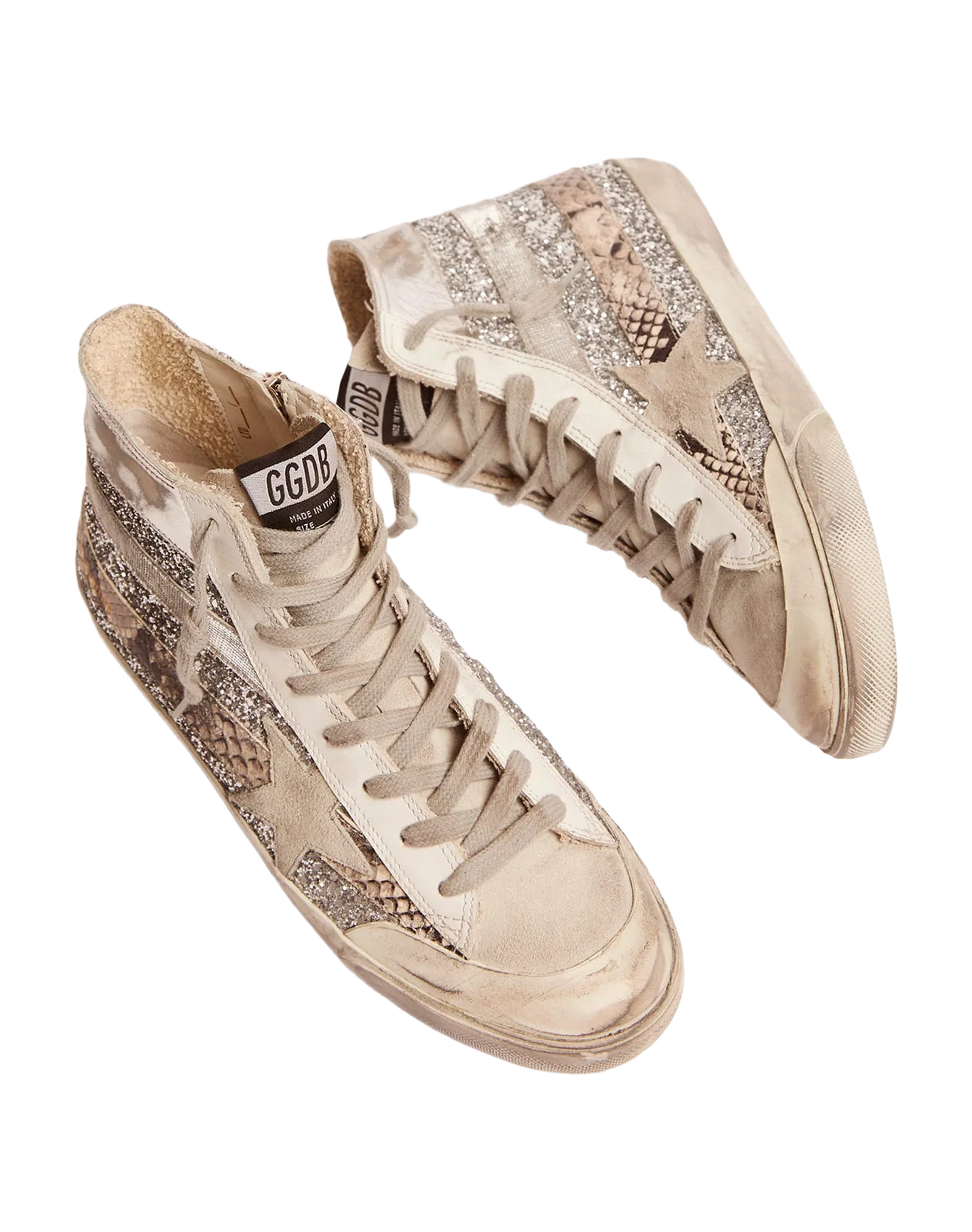 Women | Francy Lab Sneakers with Glitter Upper & Silver & Snake-Print Stripes | Silver x Ice x Rock Phyton - Image 4