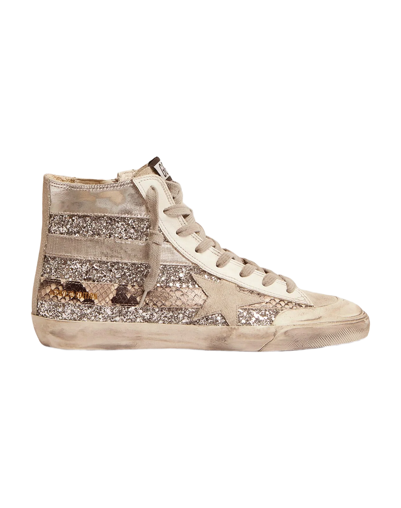Women | Francy Lab Sneakers with Glitter Upper & Silver & Snake-Print Stripes | Silver x Ice x Rock Phyton - Image 5