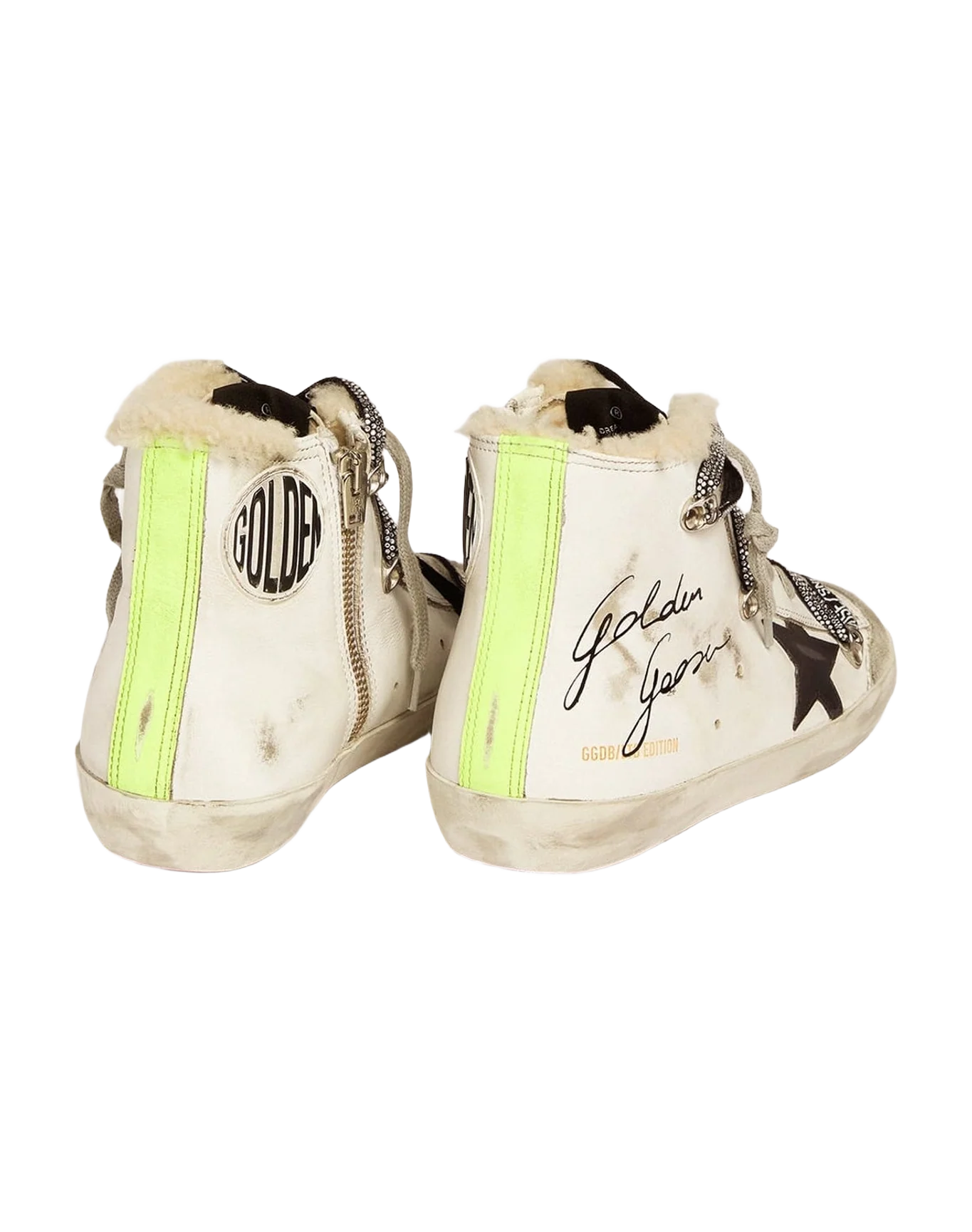 Women | Francy Penstar Lab Sneakers with Shearling Inserts & Black Star | White x Black x Yellow Fluo